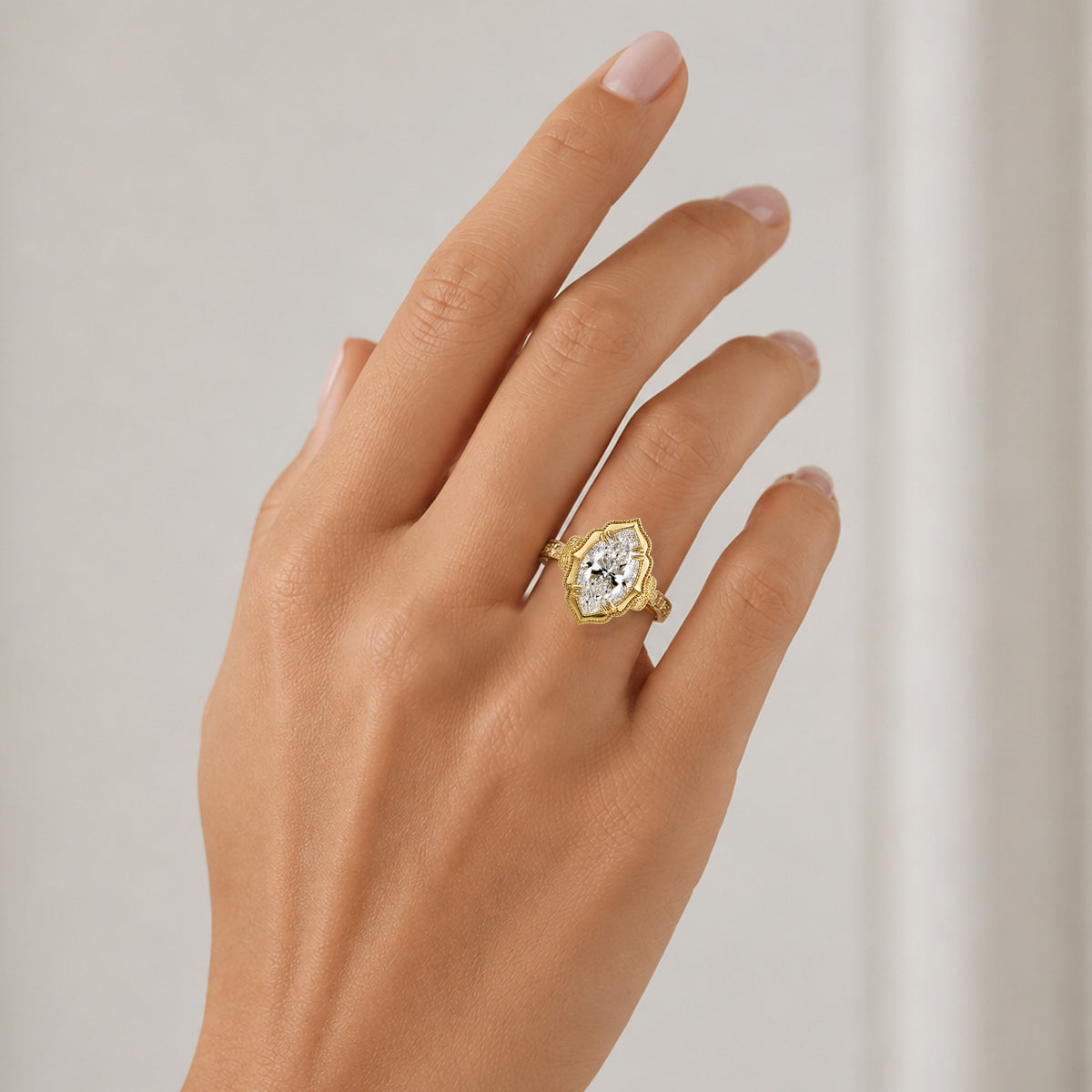 Vintage Design Marquise Cut Lab Grown Diamond Center Stone Cathedral Basket Engagement Ring With Marquise Cut Accent Stones #MCERL0116
