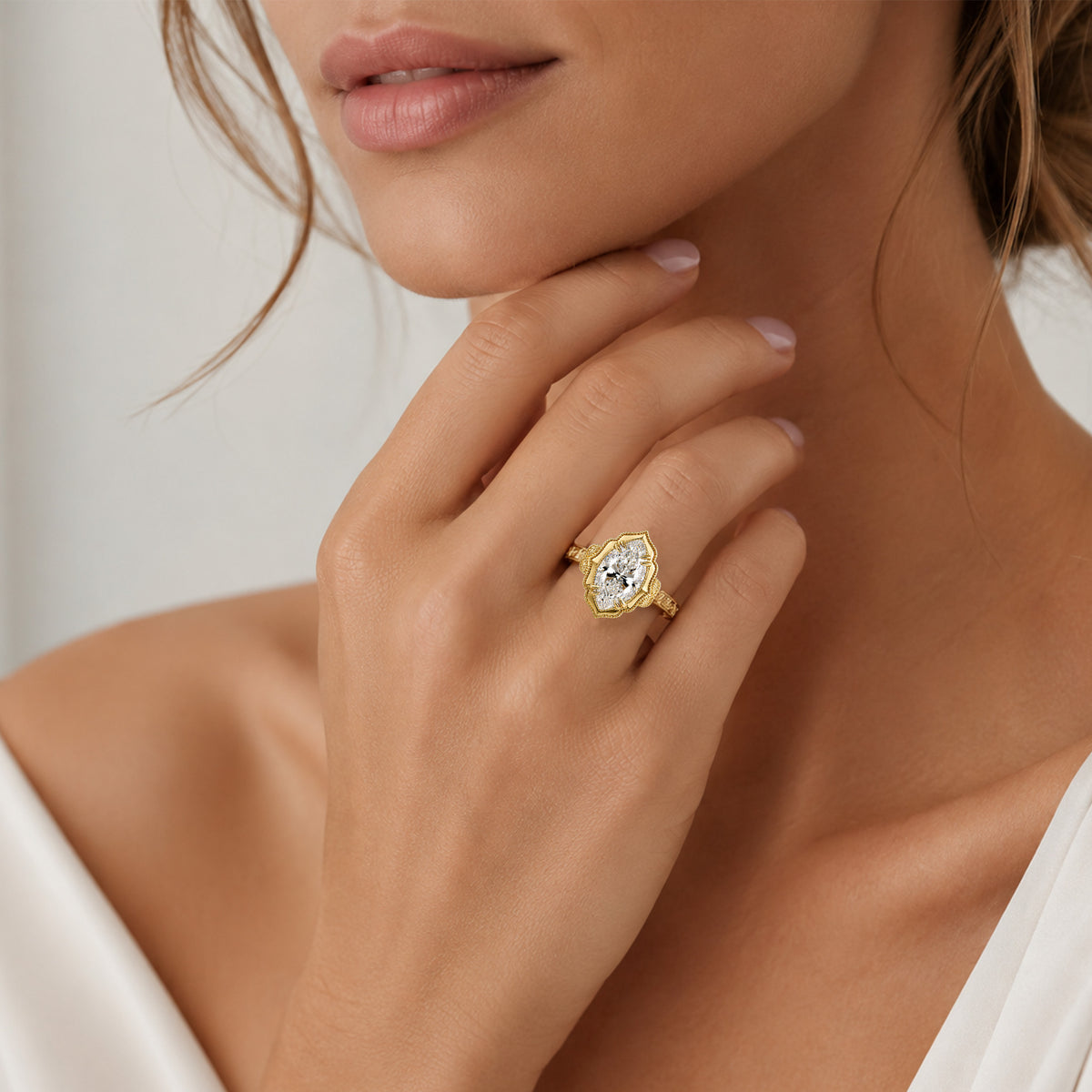 Vintage Design Marquise Cut Lab Grown Diamond Center Stone Cathedral Basket Engagement Ring With Marquise Cut Accent Stones #MCERL0116