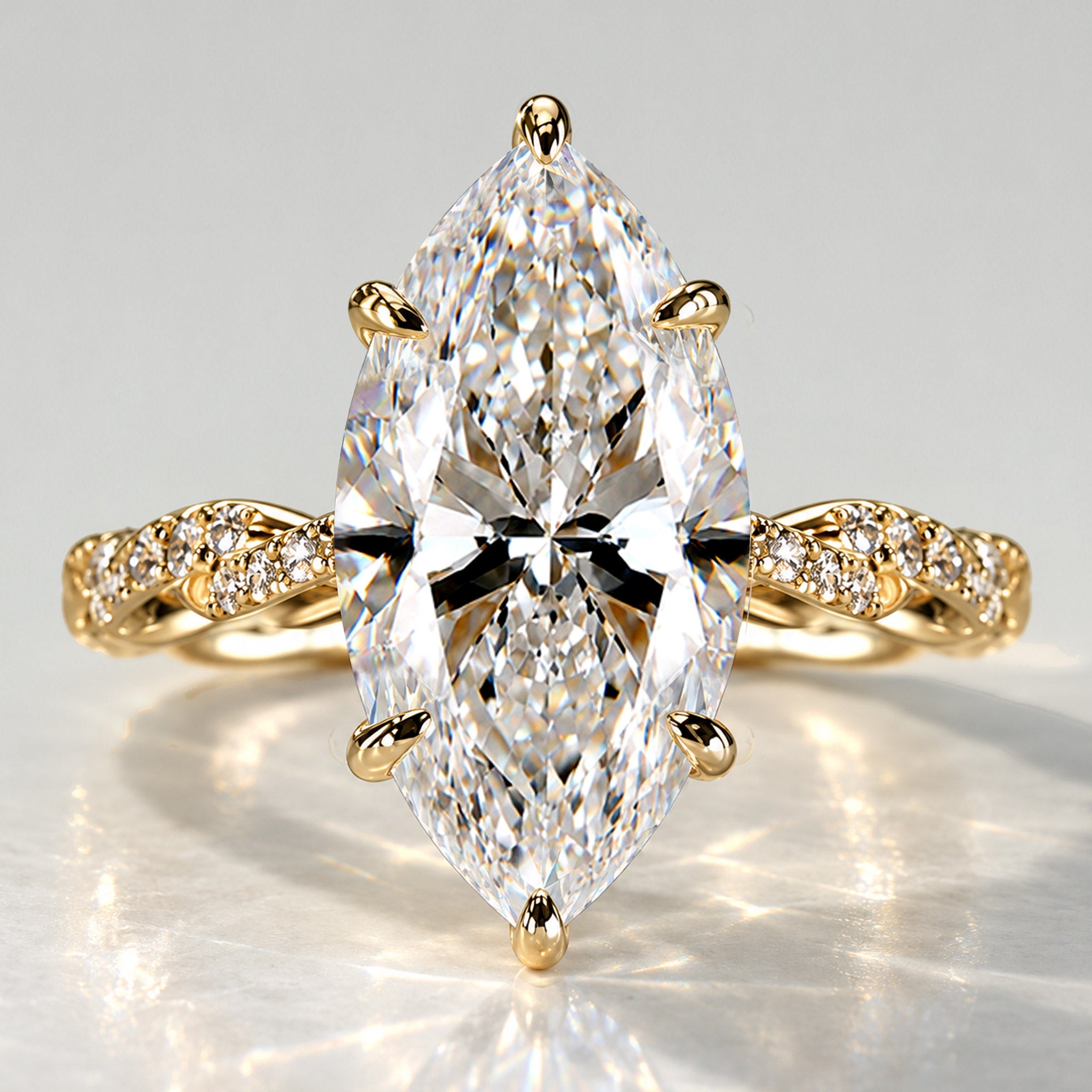 Hidden Halo Design Marquise Cut Lab Grown Diamond Rope Twisted Shank Engagement Ring With Round Cut Accent Stones #MCERL0118