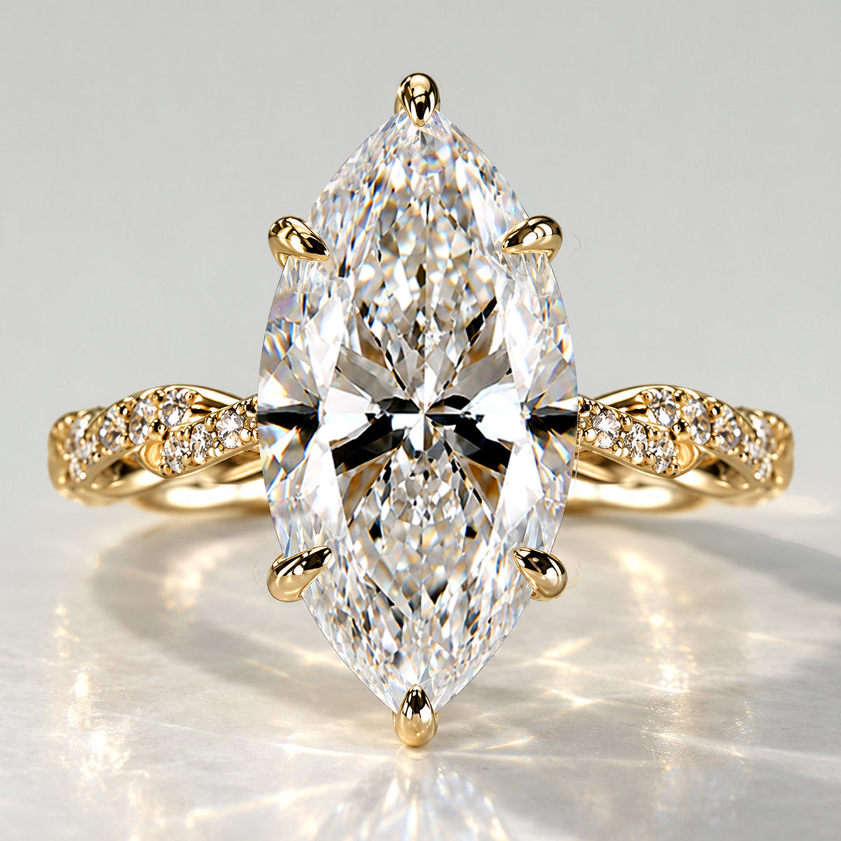 Hidden Halo Design Marquise Cut Lab Grown Diamond Rope Twisted Shank Engagement Ring With Round Cut Accent Stones #MCERL0118