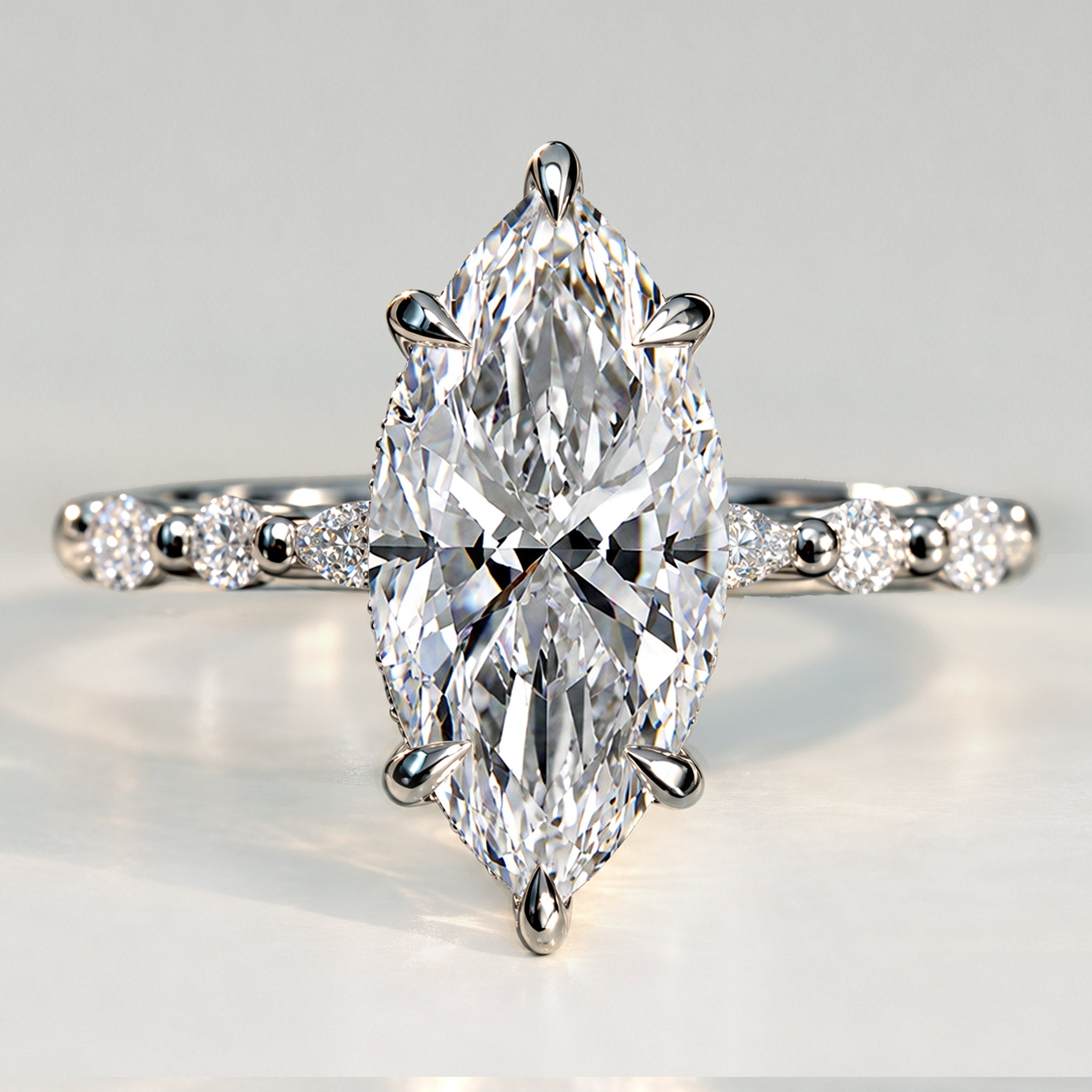 Hidden Halo Design Marquise Cut Lab Grown Diamond Pave Shank Engagement Ring With Round Cut And Marquise Cut Accent Stones #MCERL0119