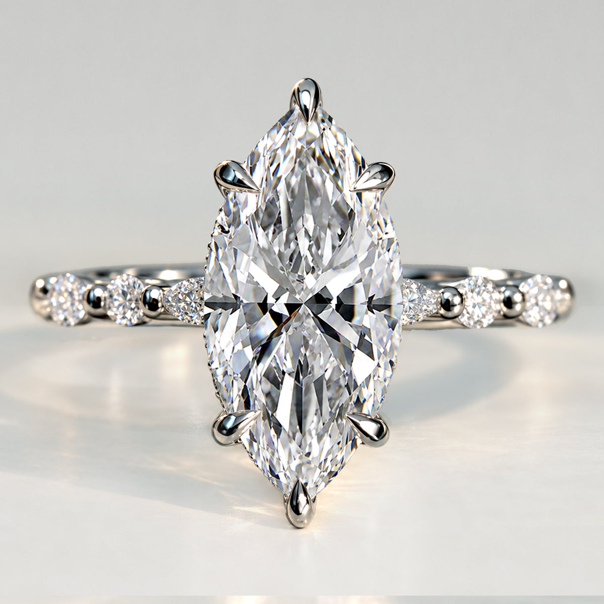 Hidden Halo Design Marquise Cut Lab Grown Diamond Pave Shank Engagement Ring With Round Cut And Marquise Cut Accent Stones #MCERL0119