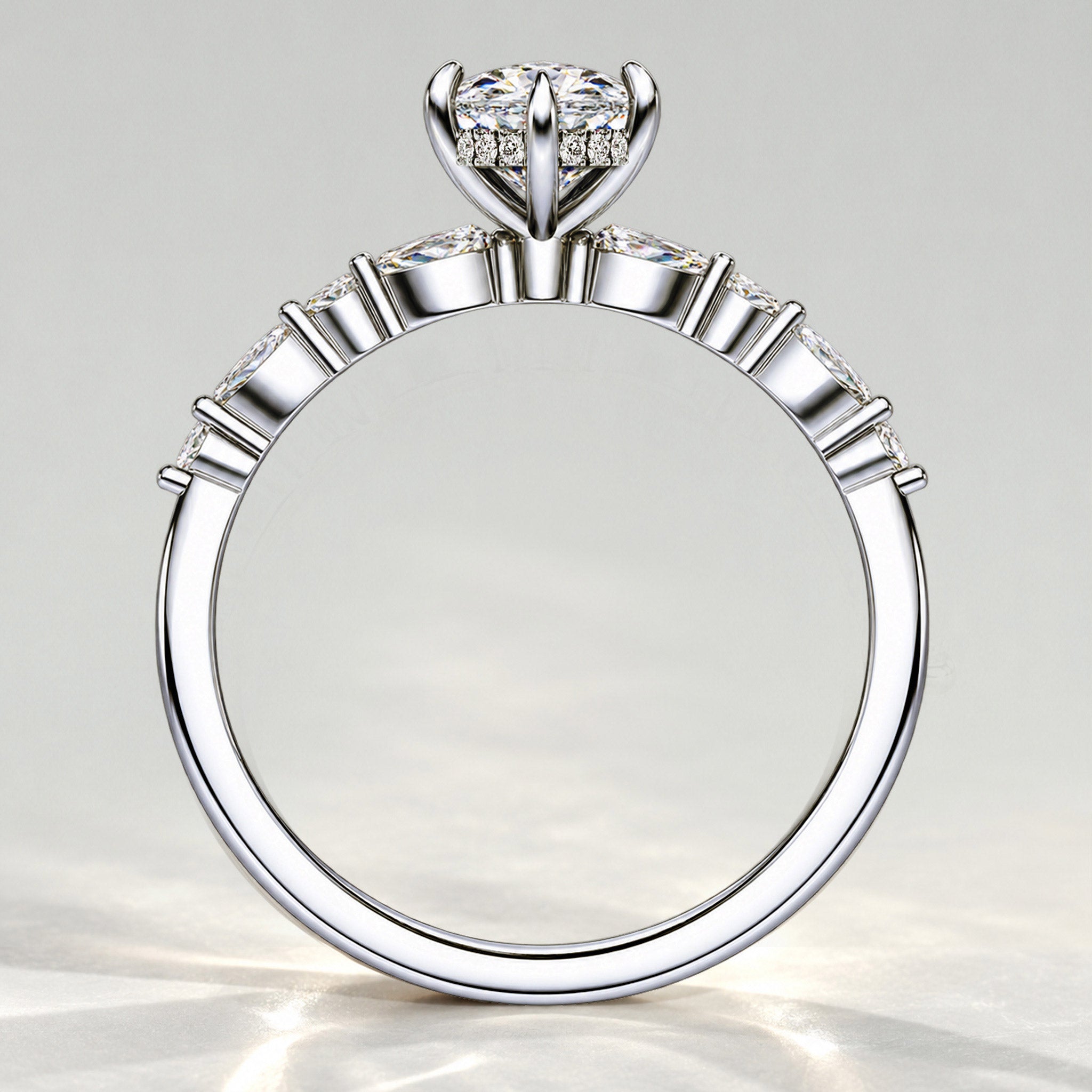 Hidden Halo Design Marquise Cut Lab Grown Diamond Pave Shank Engagement Ring With Round Cut And Marquise Cut Accent Stones #MCERL0119