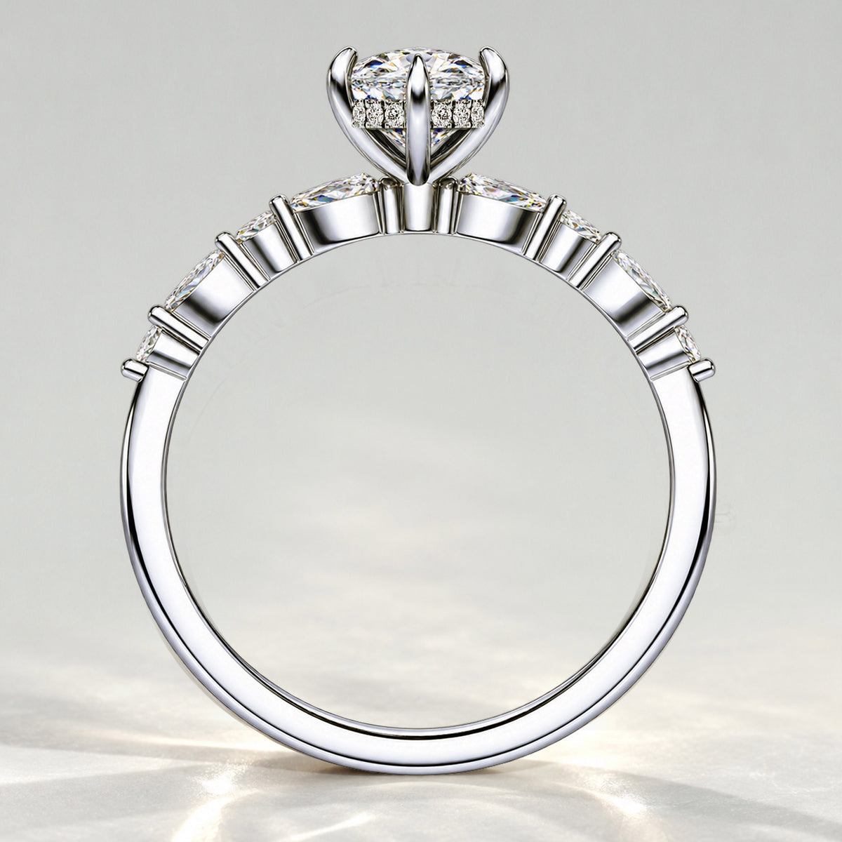 Hidden Halo Design Marquise Cut Lab Grown Diamond Pave Shank Engagement Ring With Round Cut And Marquise Cut Accent Stones #MCERL0119