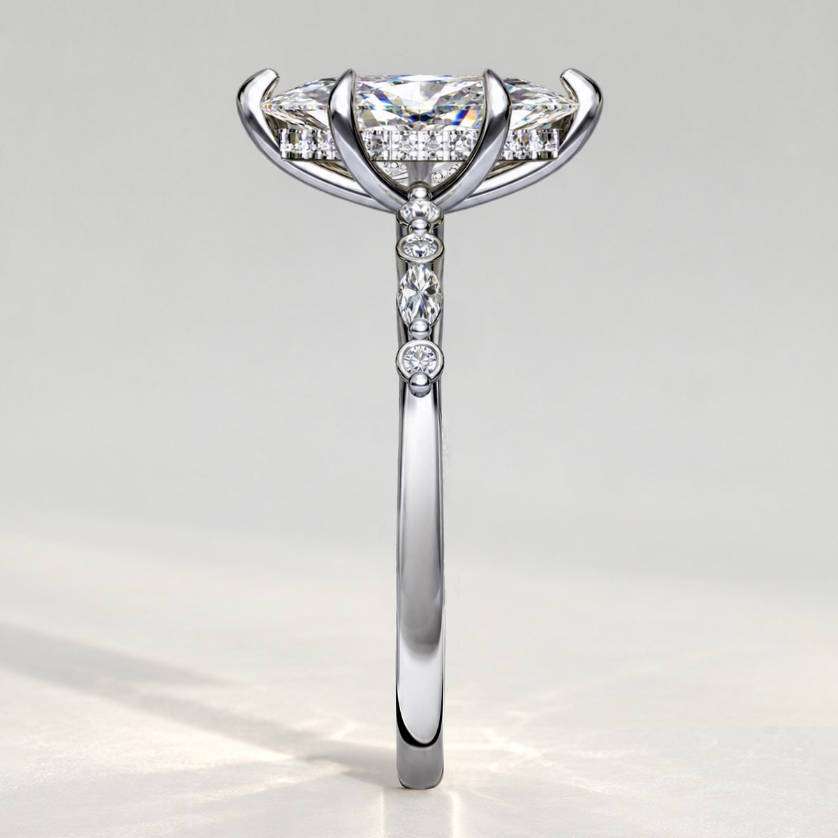 Hidden Halo Design Marquise Cut Lab Grown Diamond Pave Shank Engagement Ring With Round Cut And Marquise Cut Accent Stones #MCERL0119