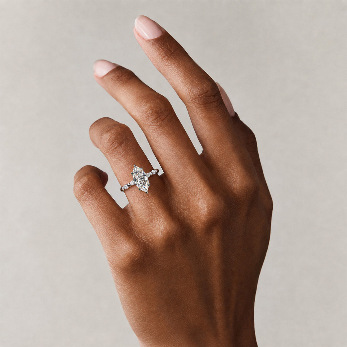 Hidden Halo Design Marquise Cut Lab Grown Diamond Pave Shank Engagement Ring With Round Cut And Marquise Cut Accent Stones #MCERL0119