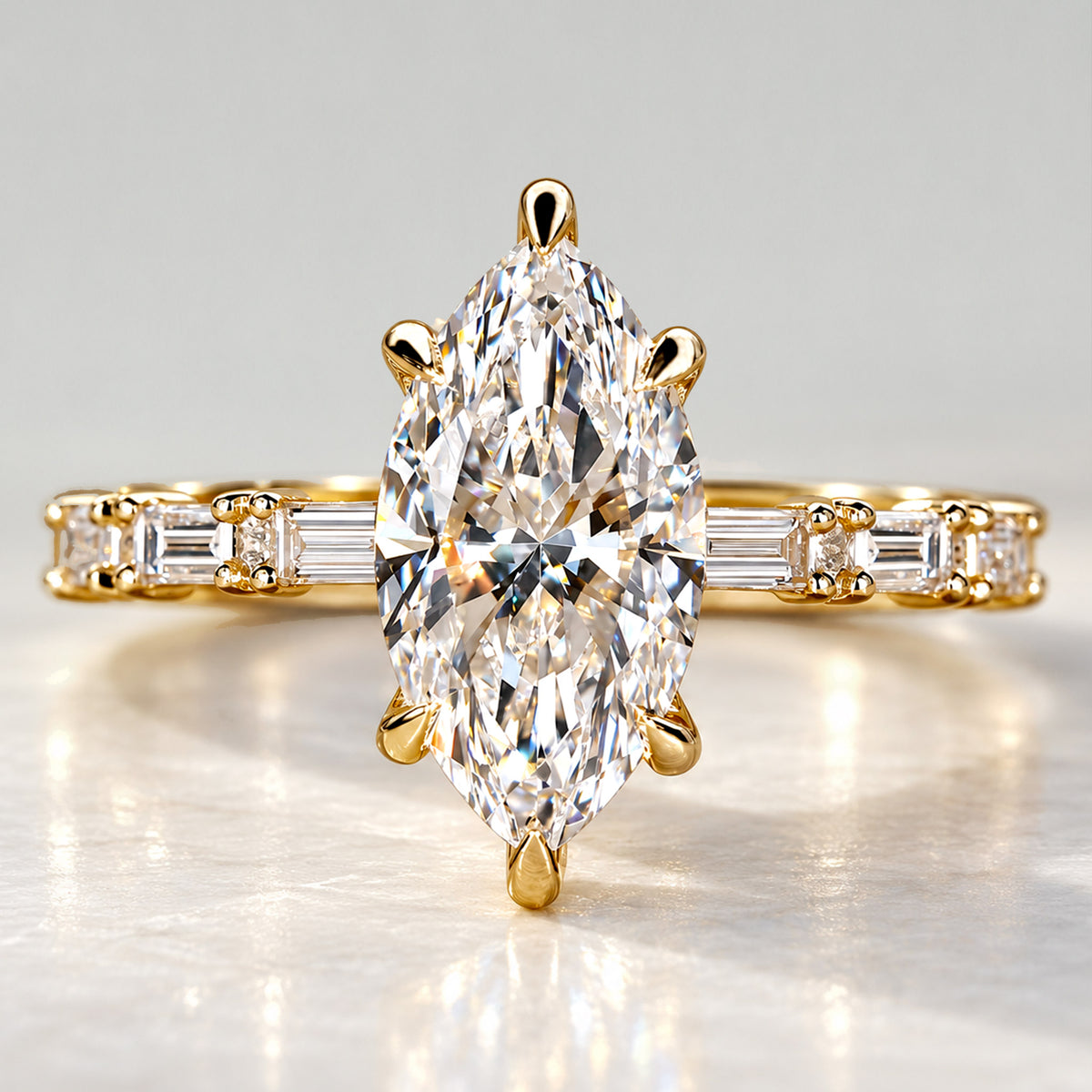 Art Deco Modern Design Marquise Cut Lab Grown Diamond Pave Shank Engagement Ring With Round Cut And Baguette Cut Accent Stones #MCERL0122