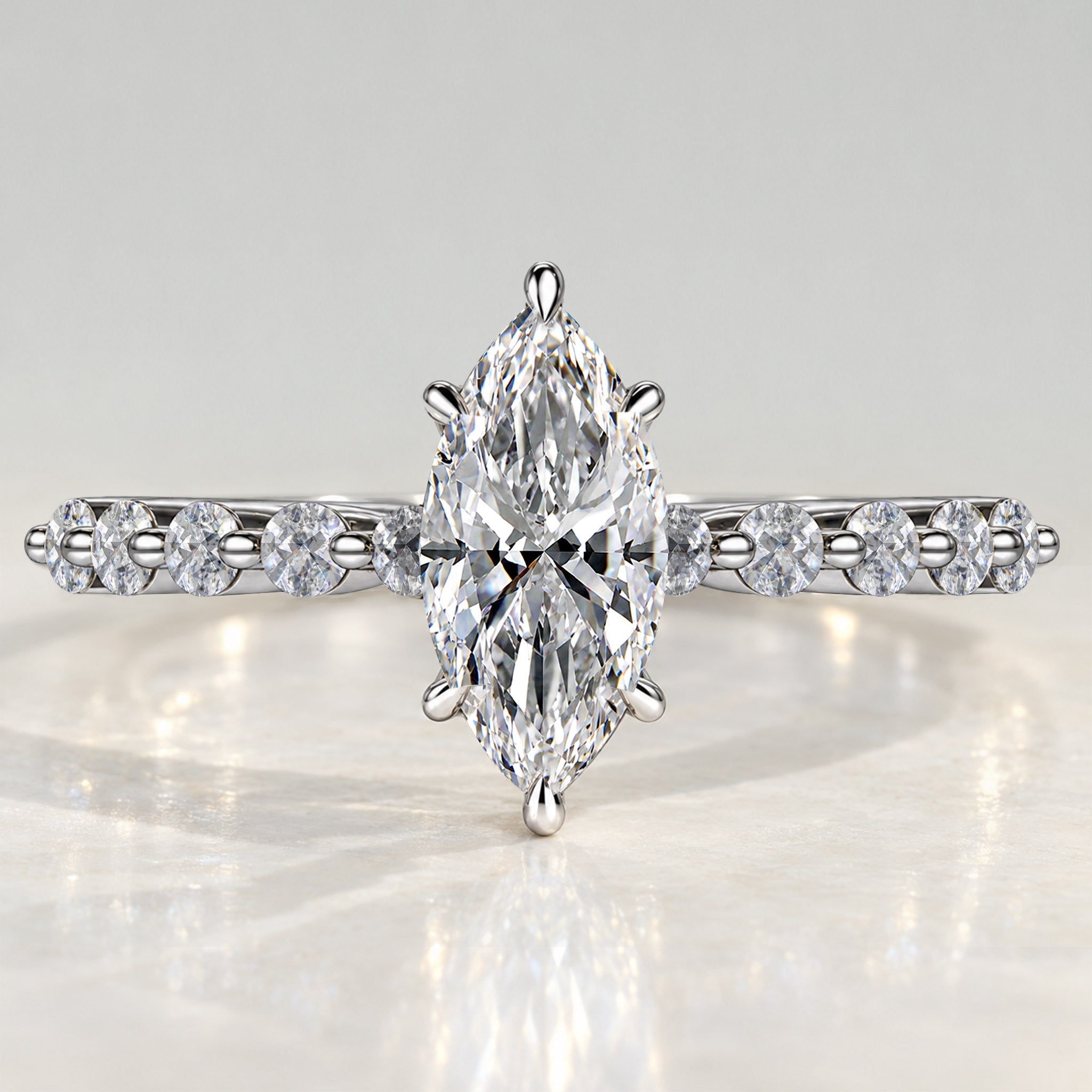 Modern Design Marquise Cut Lab Grown Diamond Pave Shank Engagement Ring With Round Cut Accent Stones #MCERL0124