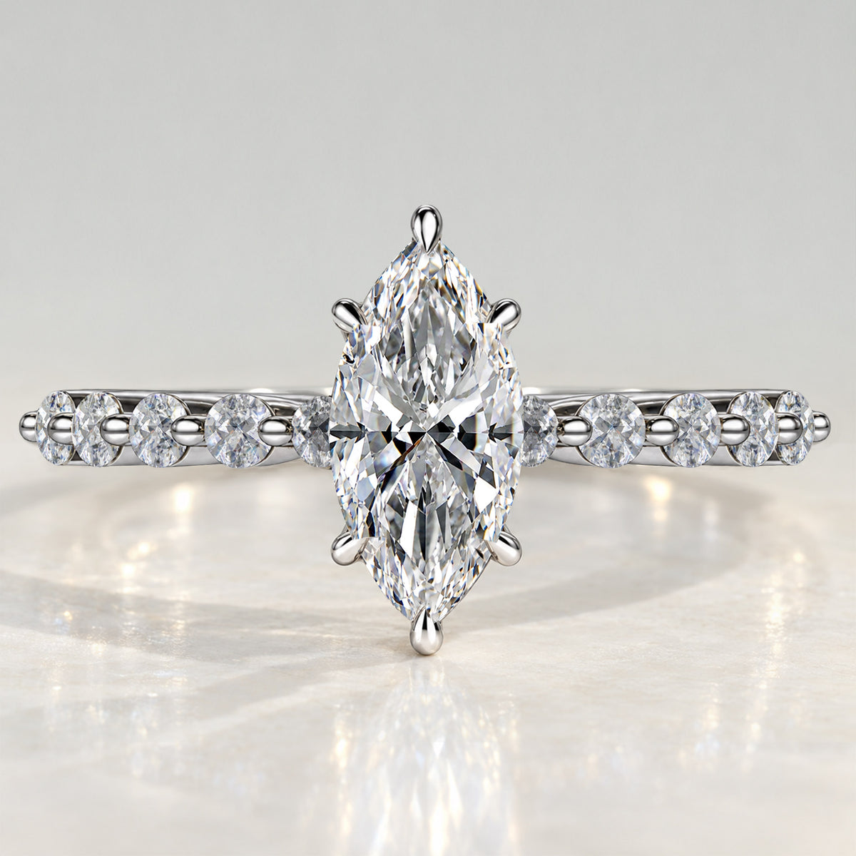 Modern Design Marquise Cut Lab Grown Diamond Pave Shank Engagement Ring With Round Cut Accent Stones #MCERL0124