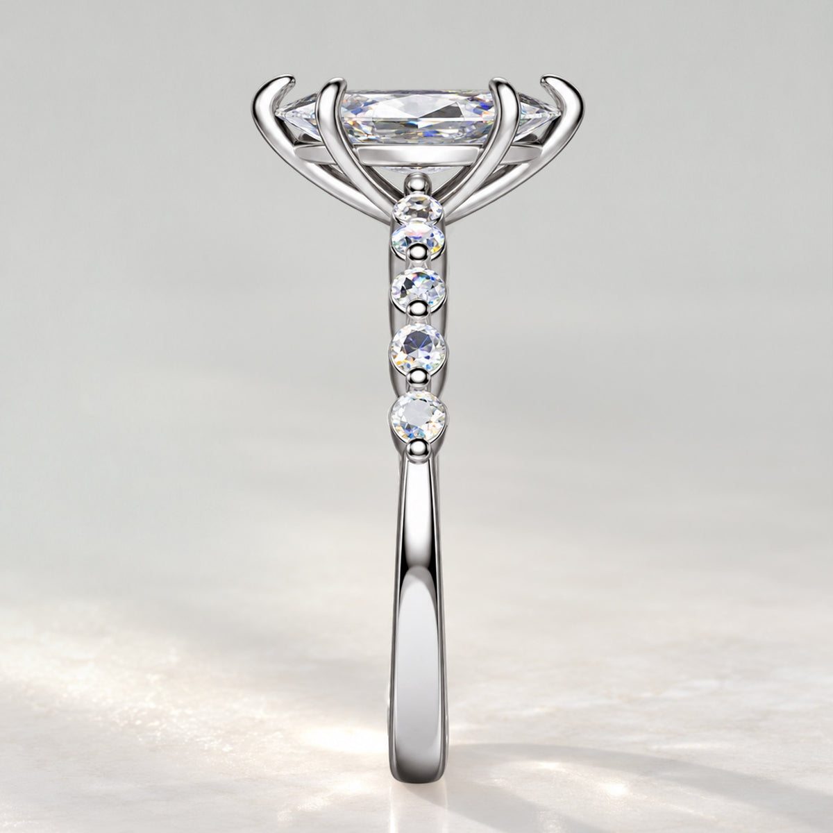 Modern Design Marquise Cut Lab Grown Diamond Pave Shank Engagement Ring With Round Cut Accent Stones #MCERL0124
