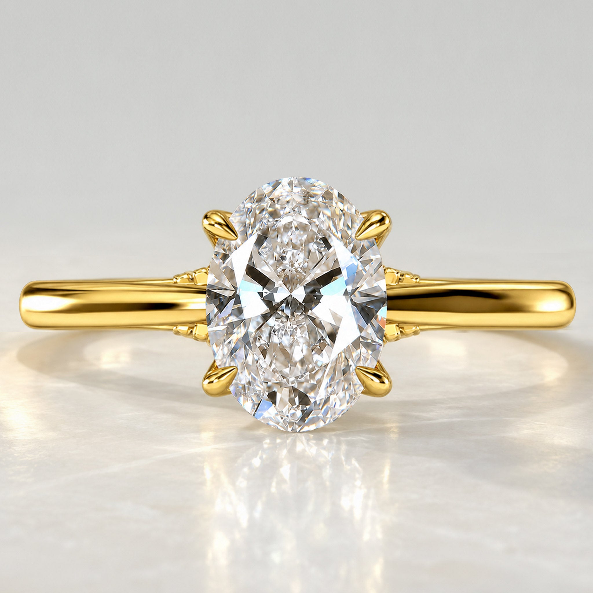 Solitaire Minimalist Design Oval Cut Lab Grown Diamond Tulip Basket Engagement Ring With Round Cut Accent Stones #MCERL0138