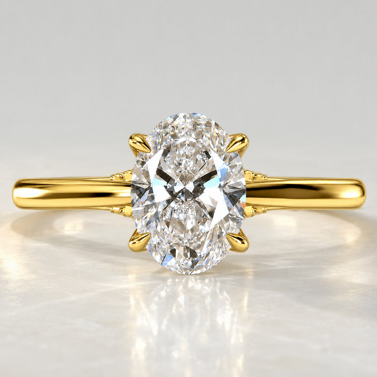 Solitaire Minimalist Design Oval Cut Lab Grown Diamond Tulip Basket Engagement Ring With Round Cut Accent Stones #MCERL0138