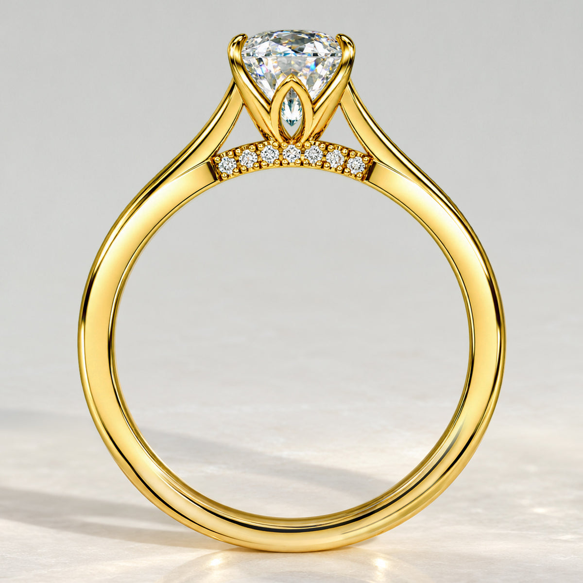 Solitaire Minimalist Design Oval Cut Lab Grown Diamond Tulip Basket Engagement Ring With Round Cut Accent Stones #MCERL0138