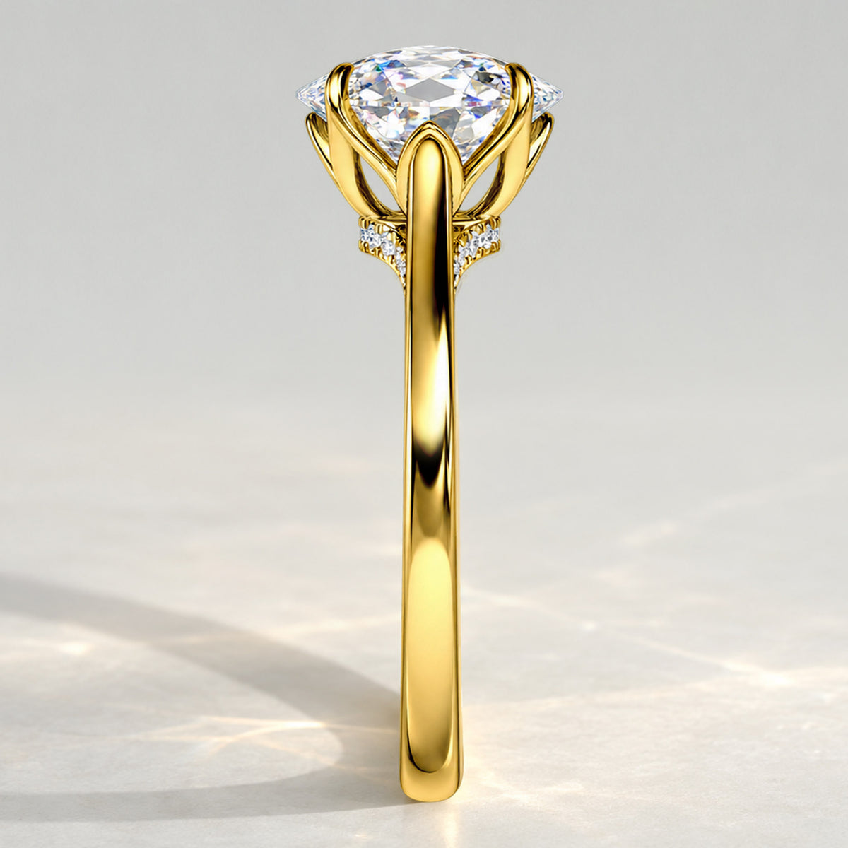 Solitaire Minimalist Design Oval Cut Lab Grown Diamond Tulip Basket Engagement Ring With Round Cut Accent Stones #MCERL0138