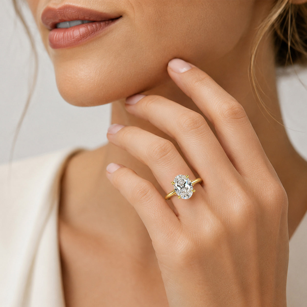 Solitaire Minimalist Design Oval Cut Lab Grown Diamond Tulip Basket Engagement Ring With Round Cut Accent Stones #MCERL0138
