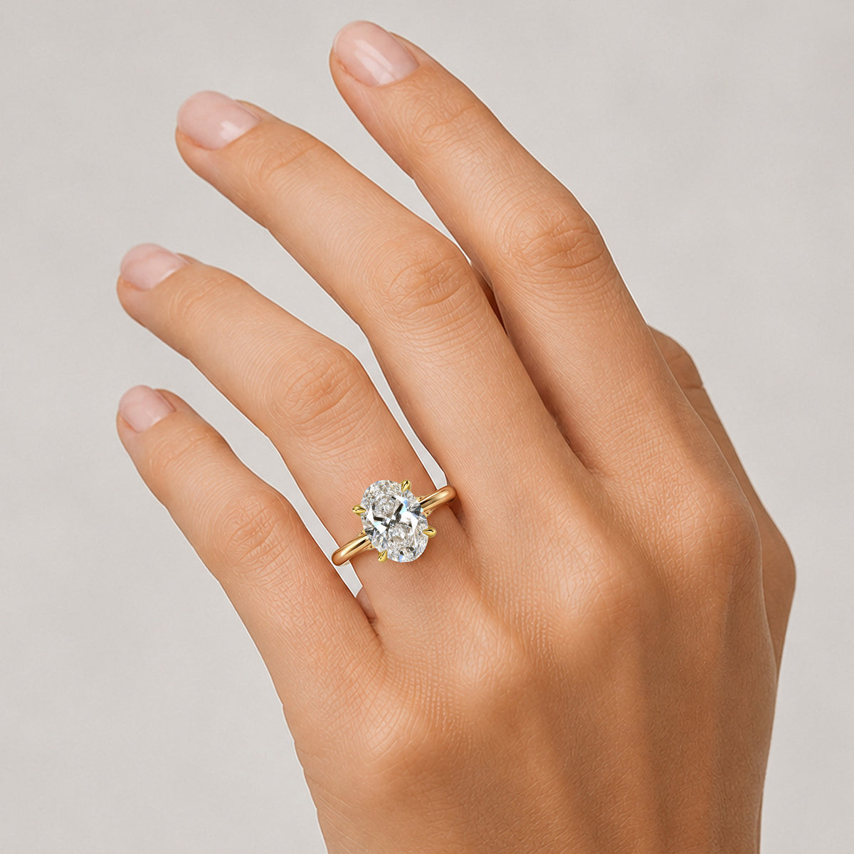 Solitaire Minimalist Design Oval Cut Lab Grown Diamond Tulip Basket Engagement Ring With Round Cut Accent Stones #MCERL0138