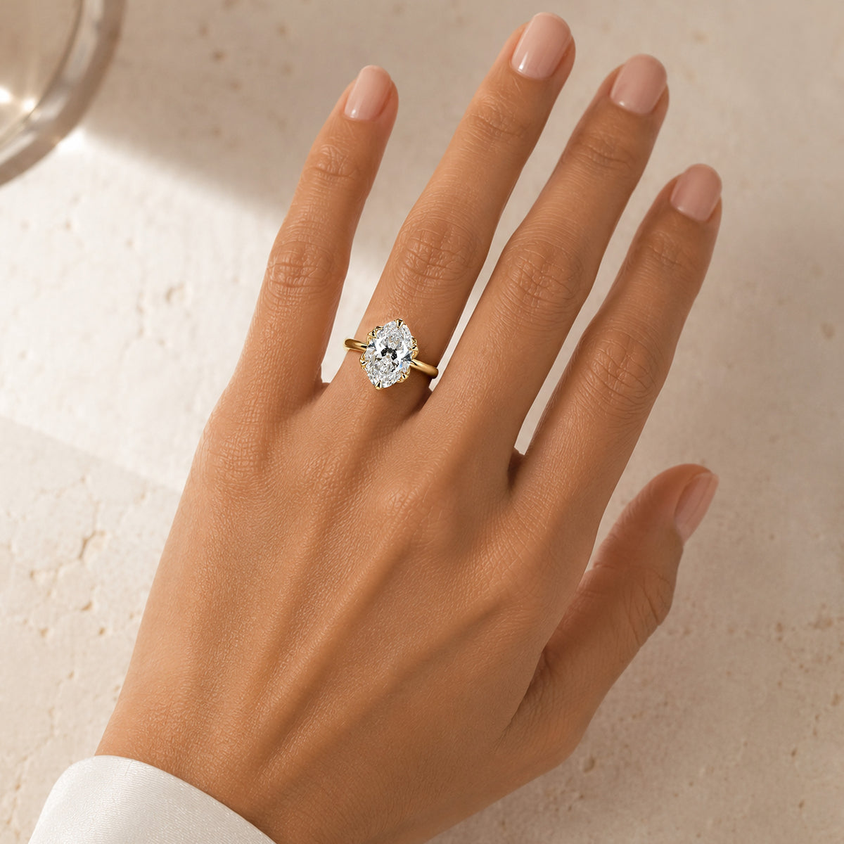 Classic Solitaire Design Oval Cut Lab Grown Diamond Tulip Basket Engagement Ring #MCERL0139