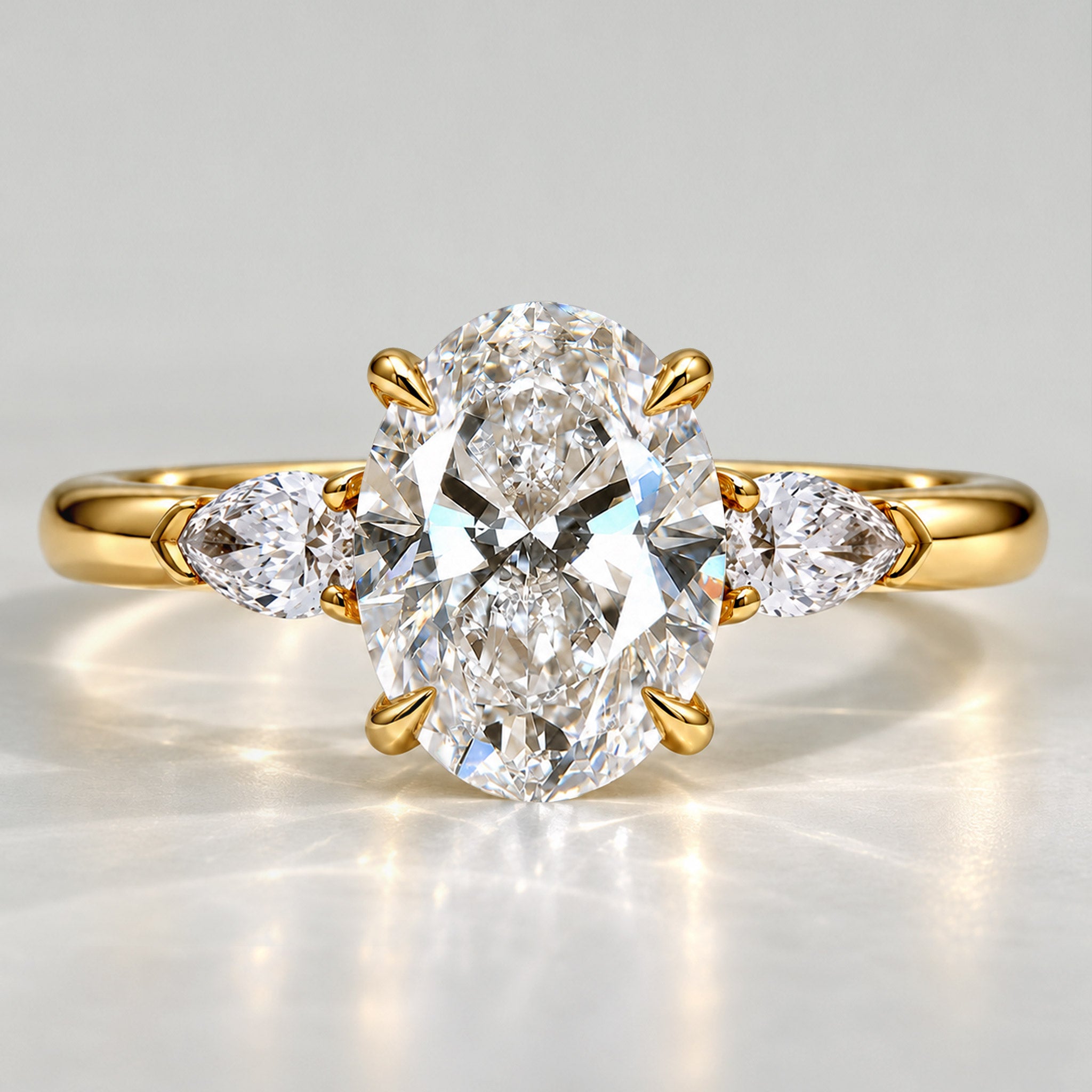 Three Stones Modern Design Oval Cut Lab Grown Diamond Tulip Basket Engagement Ring With Pear Cut Accent Stones #MCERL0140