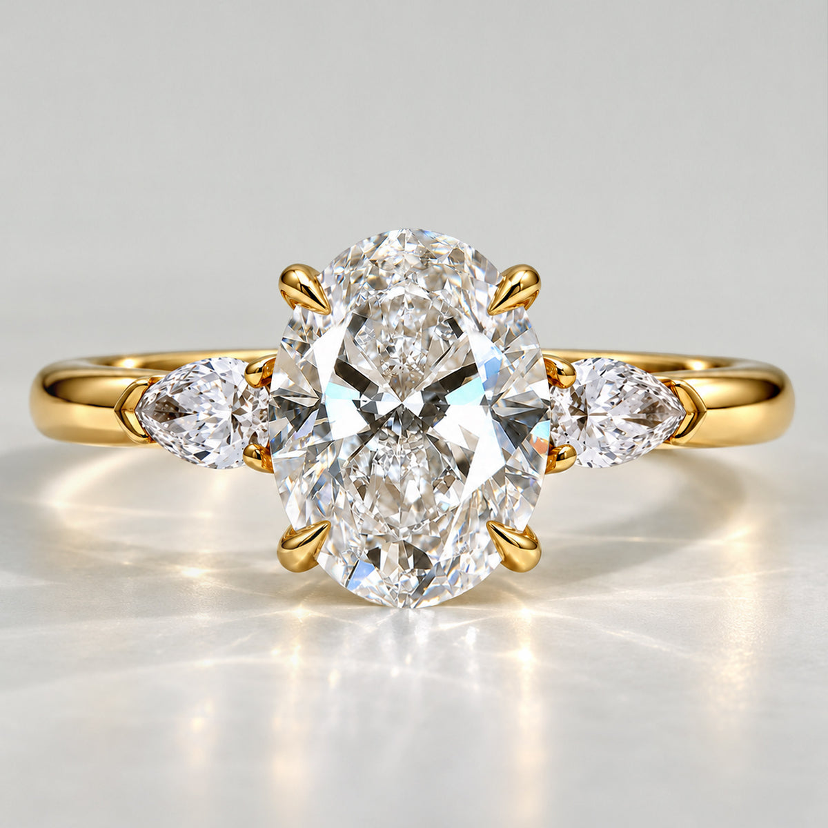 Three Stones Modern Design Oval Cut Lab Grown Diamond Tulip Basket Engagement Ring With Pear Cut Accent Stones #MCERL0140