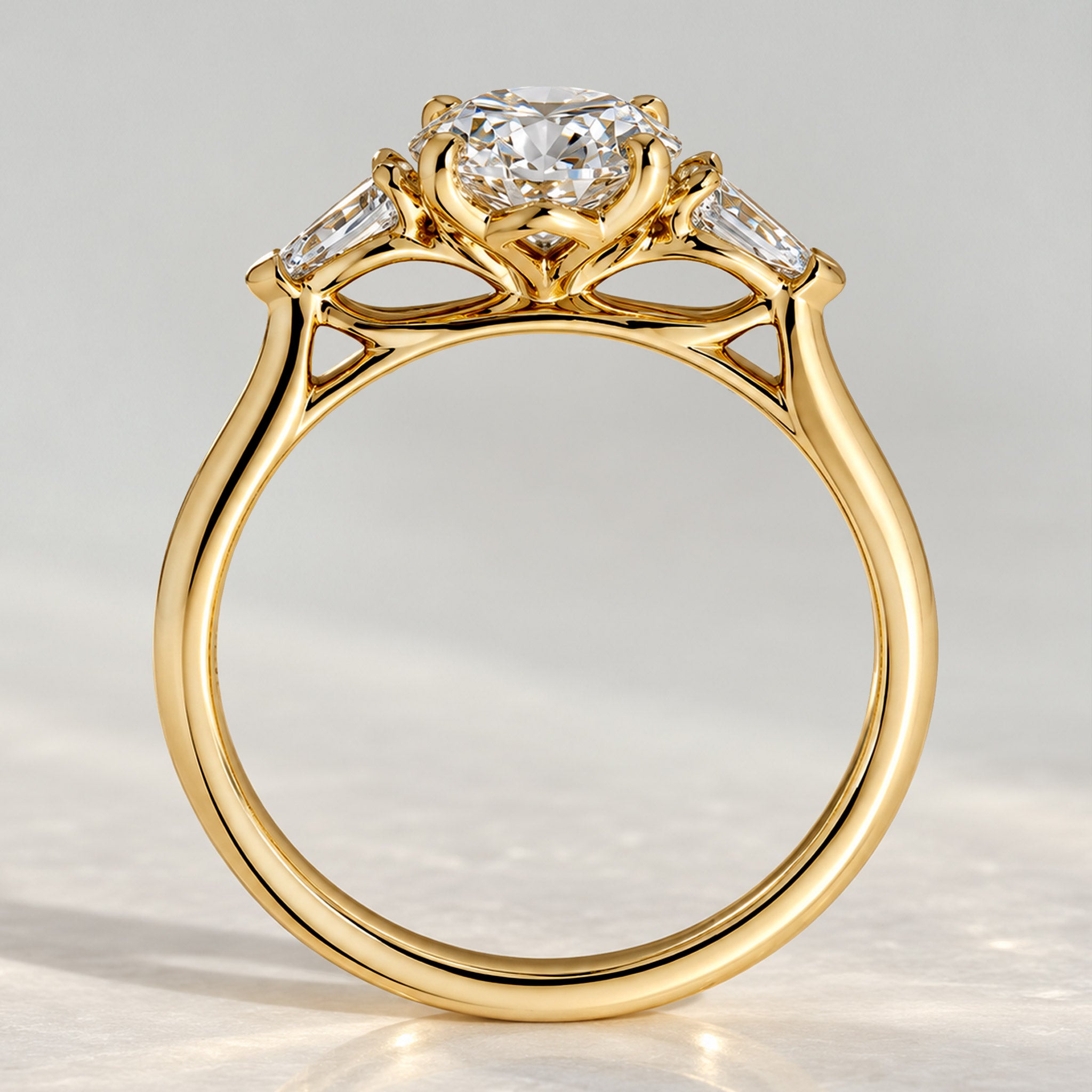 Three Stones Modern Design Oval Cut Lab Grown Diamond Tulip Basket Engagement Ring With Pear Cut Accent Stones #MCERL0140