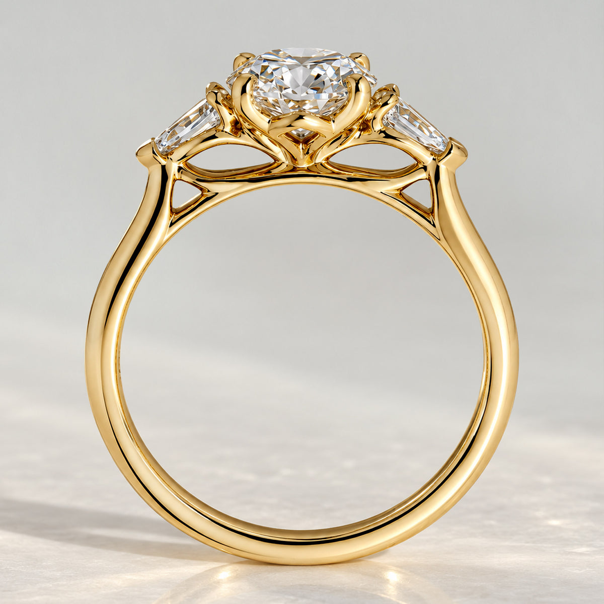 Three Stones Modern Design Oval Cut Lab Grown Diamond Tulip Basket Engagement Ring With Pear Cut Accent Stones #MCERL0140