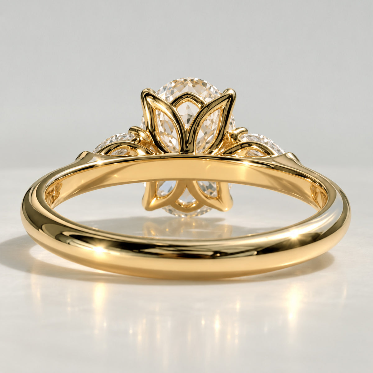 Three Stones Modern Design Oval Cut Lab Grown Diamond Tulip Basket Engagement Ring With Pear Cut Accent Stones #MCERL0140