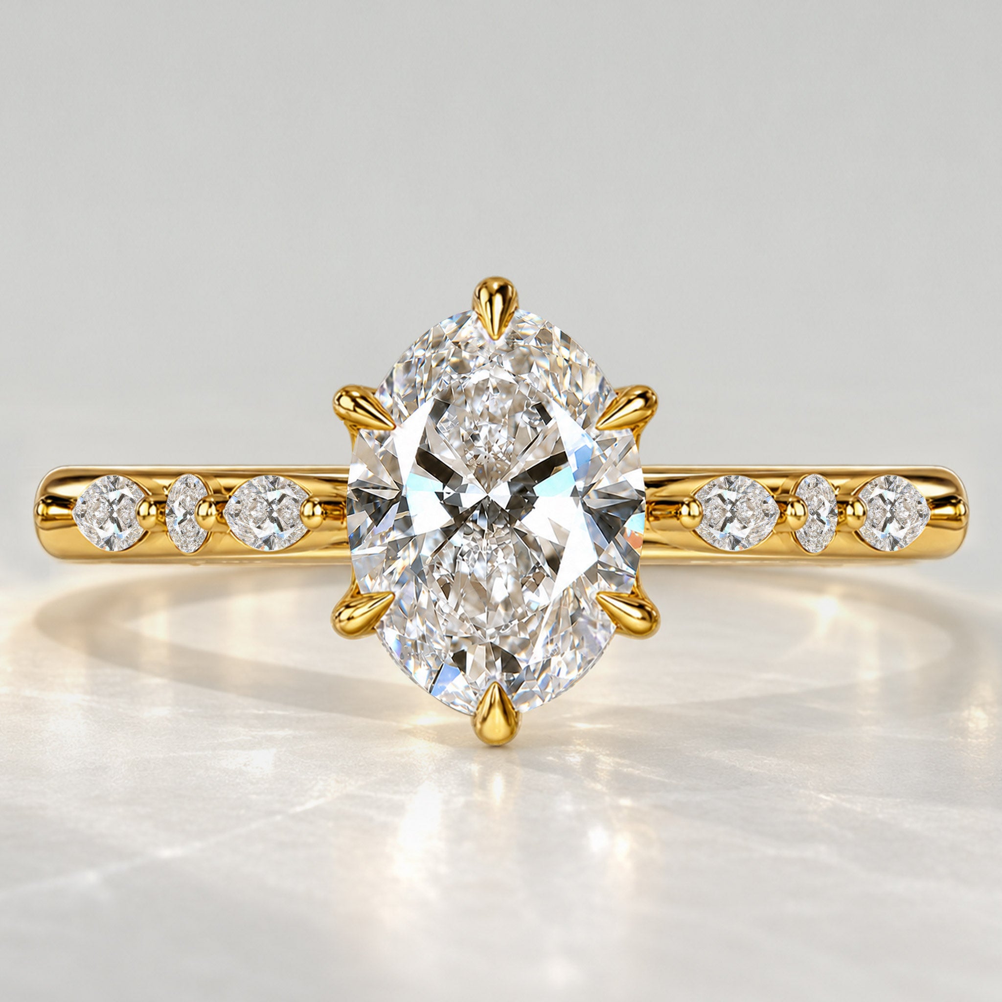 Modern Design Oval Cut Lab Grown Diamond Tulip Basket Pave Shank Engagement Ring With Marquise Cut And Round Cut Accent Stones #MCERL0141