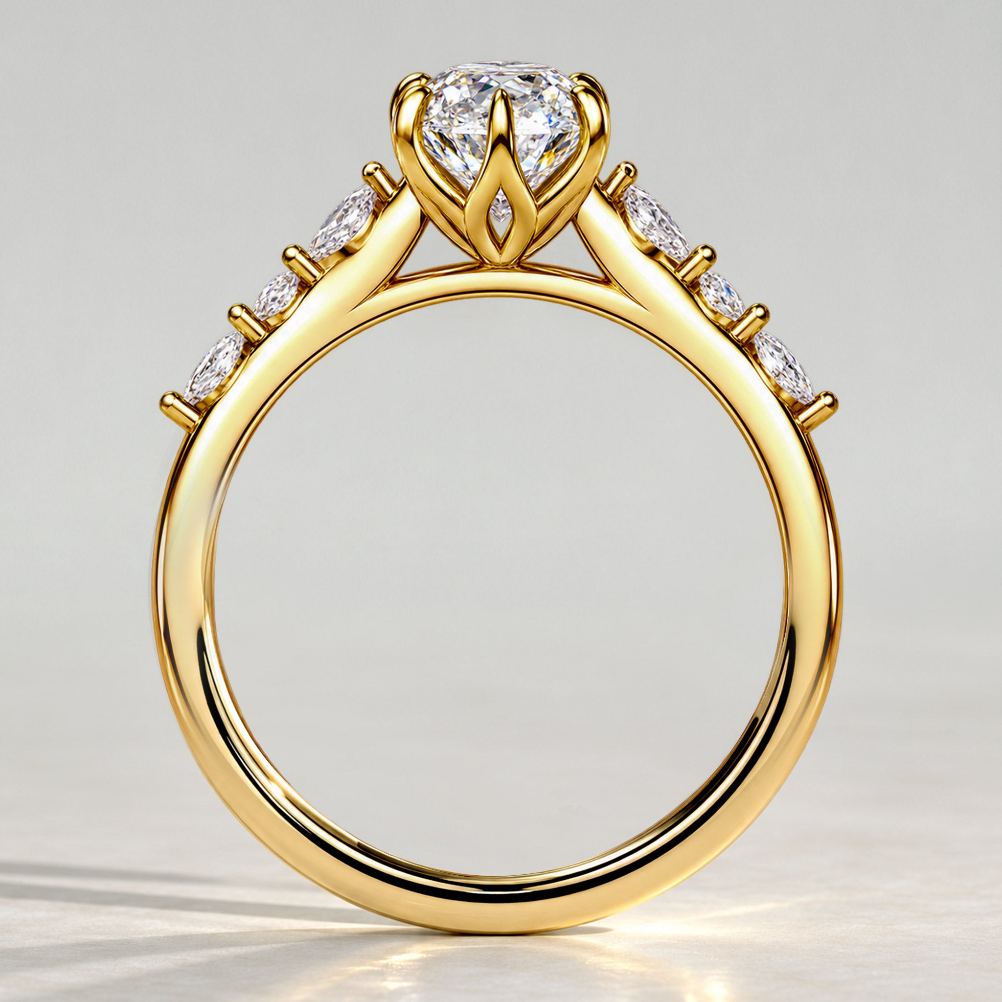 Modern Design Oval Cut Lab Grown Diamond Tulip Basket Pave Shank Engagement Ring With Marquise Cut And Round Cut Accent Stones #MCERL0141