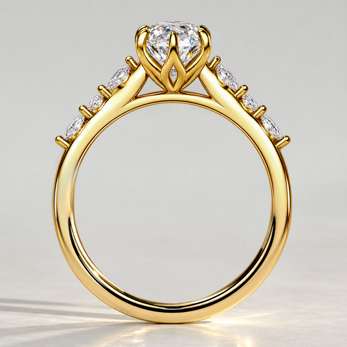 Modern Design Oval Cut Lab Grown Diamond Tulip Basket Pave Shank Engagement Ring With Marquise Cut And Round Cut Accent Stones #MCERL0141