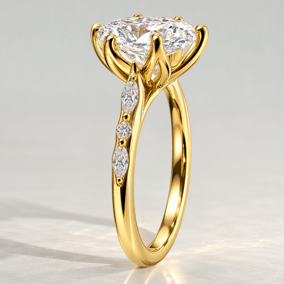 Modern Design Oval Cut Lab Grown Diamond Tulip Basket Pave Shank Engagement Ring With Marquise Cut And Round Cut Accent Stones #MCERL0141