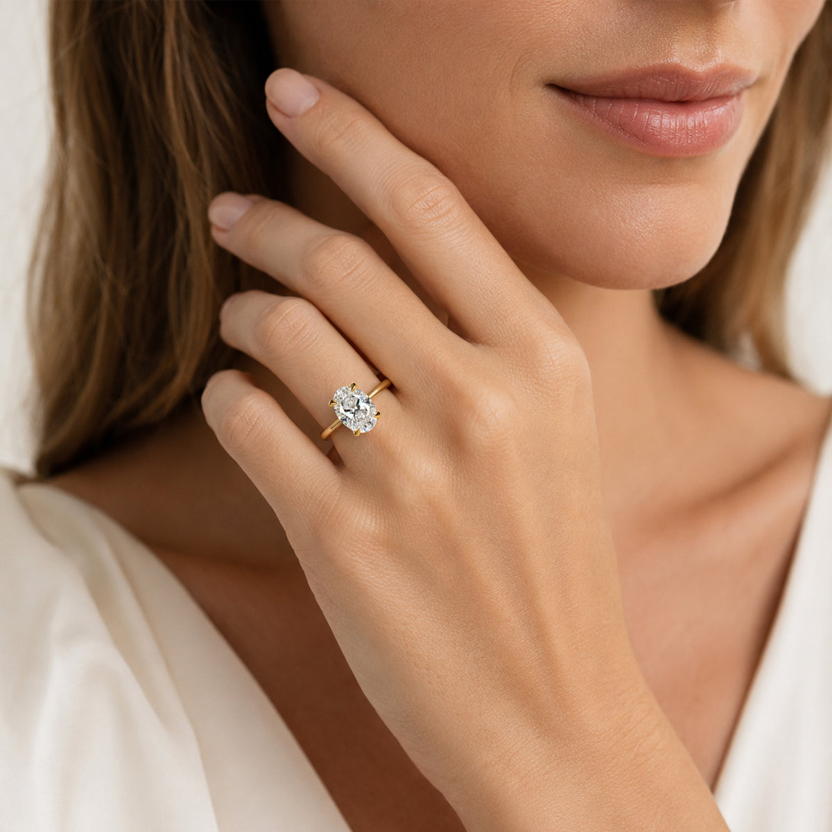 Hidden Halo Design Oval Cut Lab Grown Diamond Tapered Shank Engagement Ring #MCERL0142