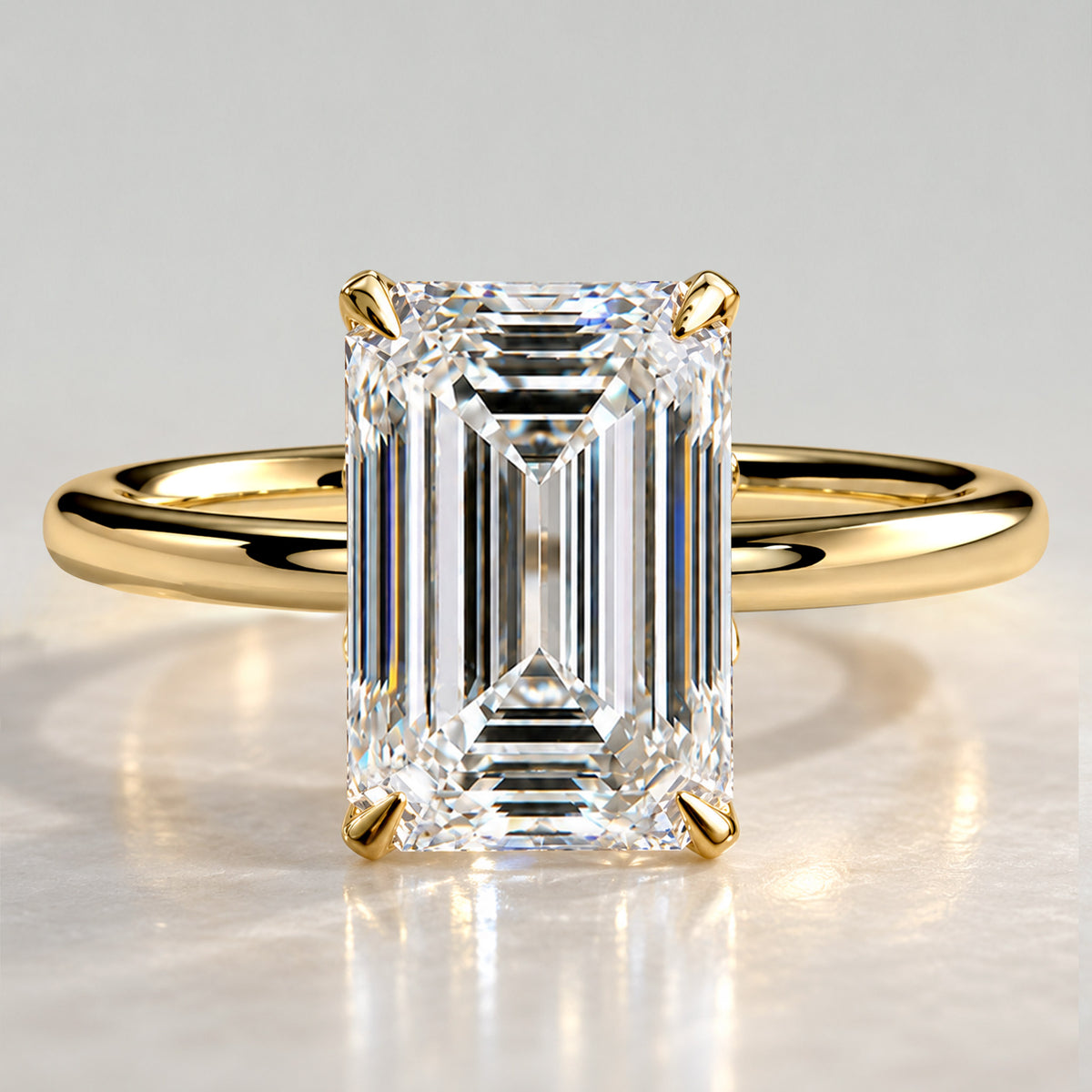 Solitaire Hidden Halo Design Emerald Cut Lab Grown Diamond Tulip Basket Engagement Ring With Round Cut Accent Stones #MCERL0153