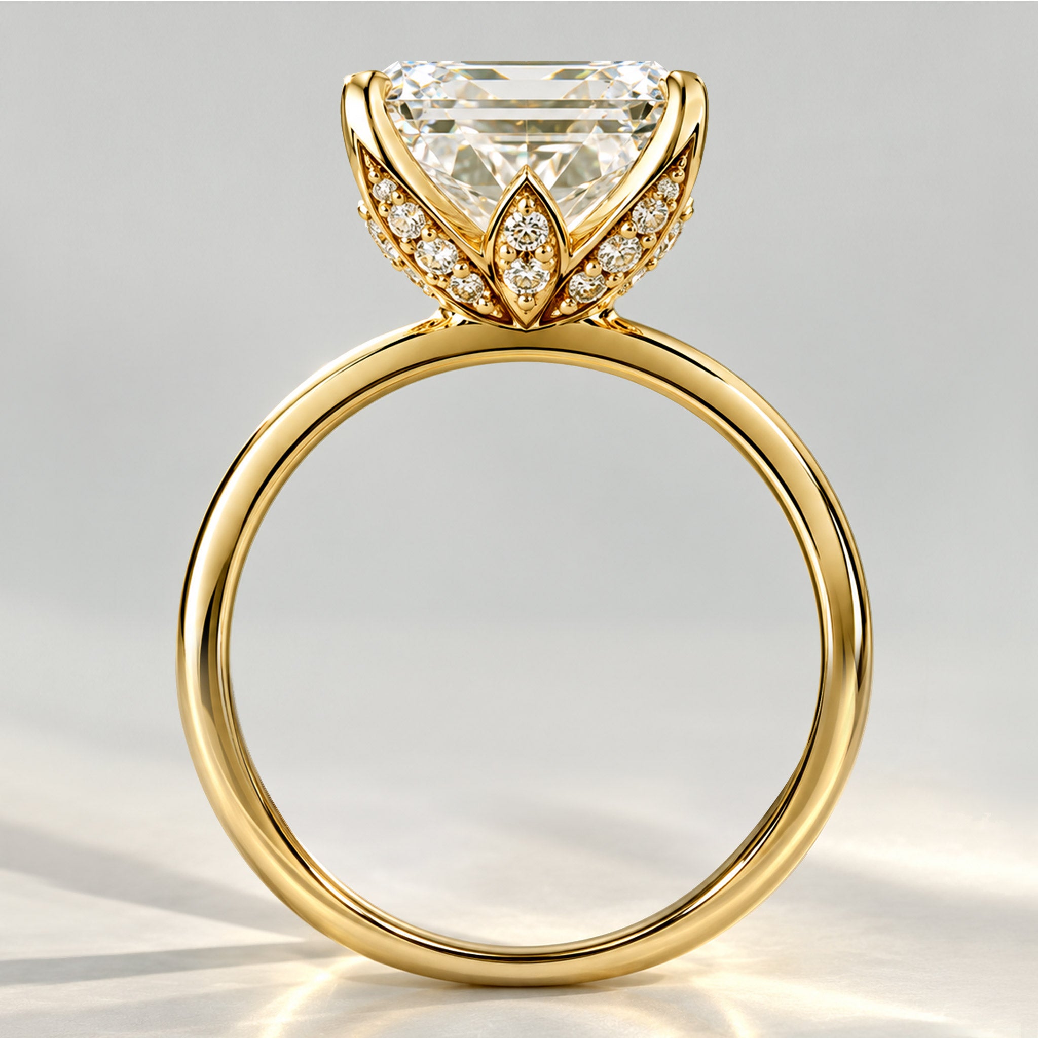 Solitaire Hidden Halo Design Emerald Cut Lab Grown Diamond Tulip Basket Engagement Ring With Round Cut Accent Stones #MCERL0153