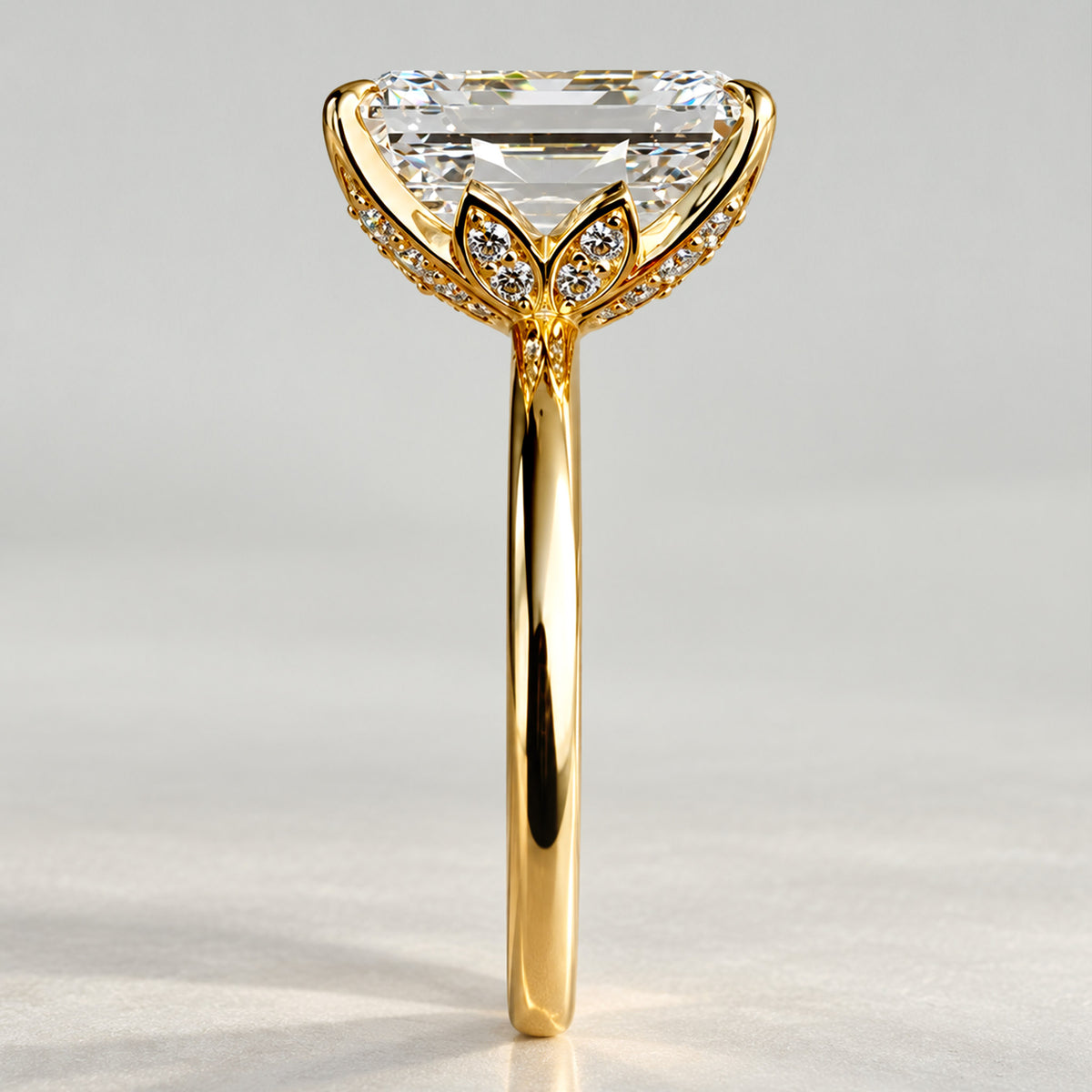 Solitaire Hidden Halo Design Emerald Cut Lab Grown Diamond Tulip Basket Engagement Ring With Round Cut Accent Stones #MCERL0153