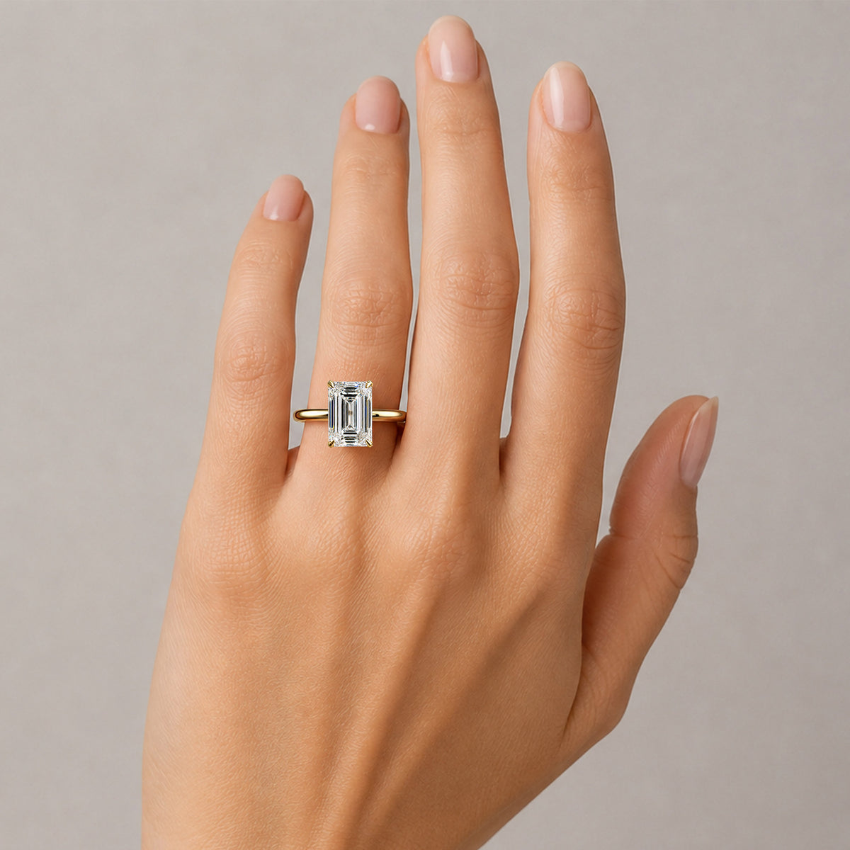 Solitaire Hidden Halo Design Emerald Cut Lab Grown Diamond Tulip Basket Engagement Ring With Round Cut Accent Stones #MCERL0153