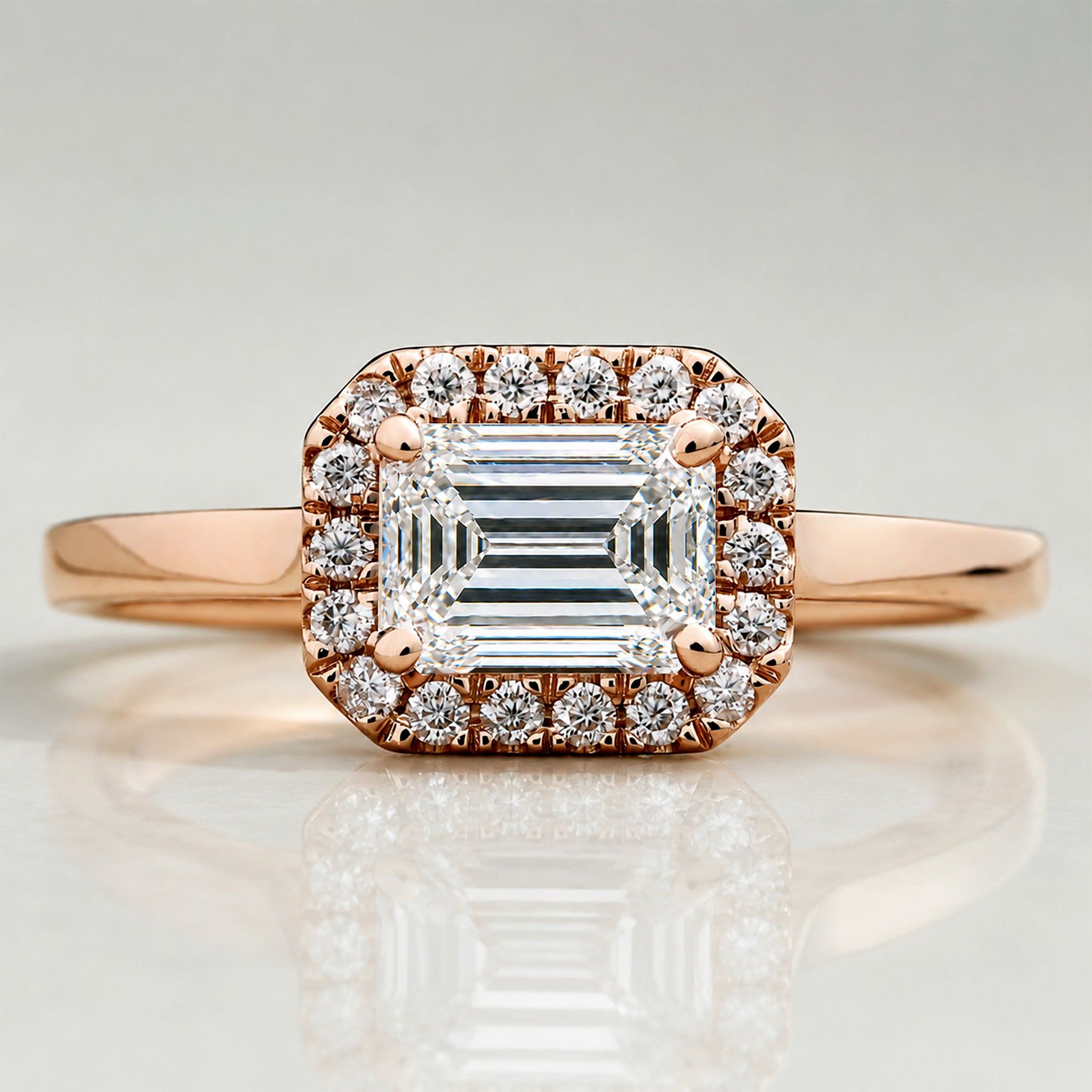 Vintage Halo Design Emerald Cut Lab Grown Diamond Center Stone Tapered Shank Engagement Ring #MCERL0163