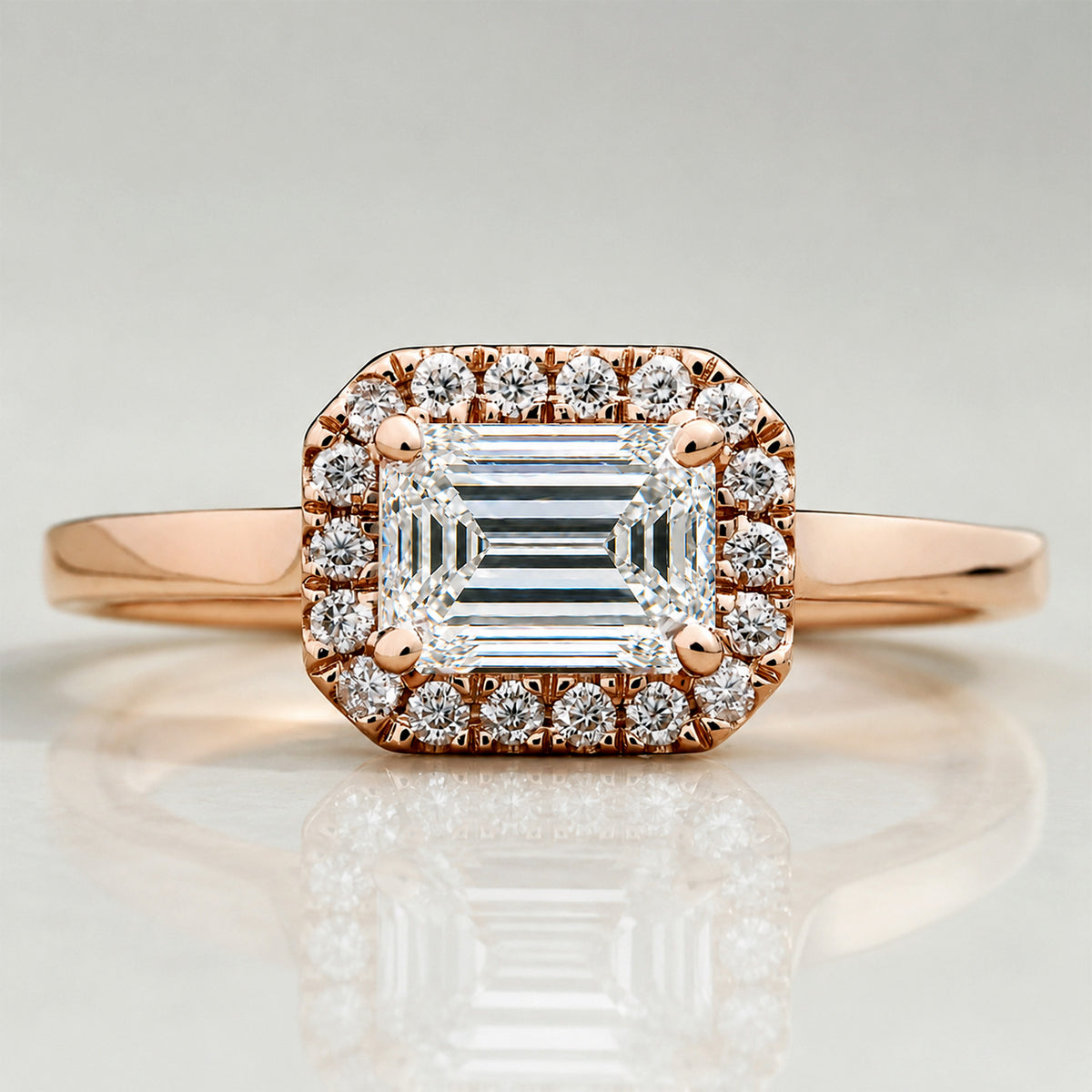 Vintage Halo Design Emerald Cut Lab Grown Diamond Center Stone Tapered Shank Engagement Ring #MCERL0163
