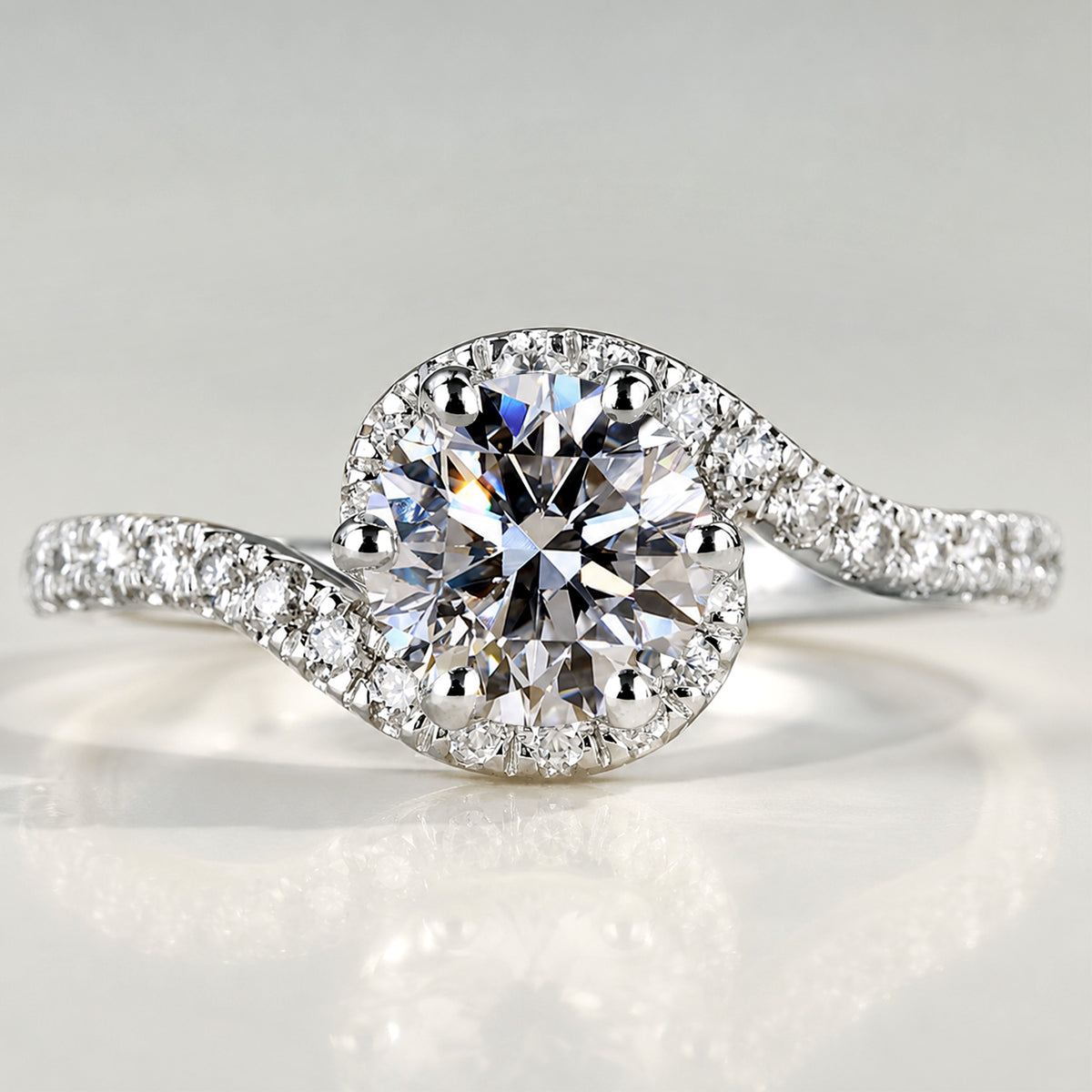 Halo Modern Design Round Cut Lab Grown Diamond Bypass Shank Engagement Ring With Round Cut Accent Stones #MCERL0172