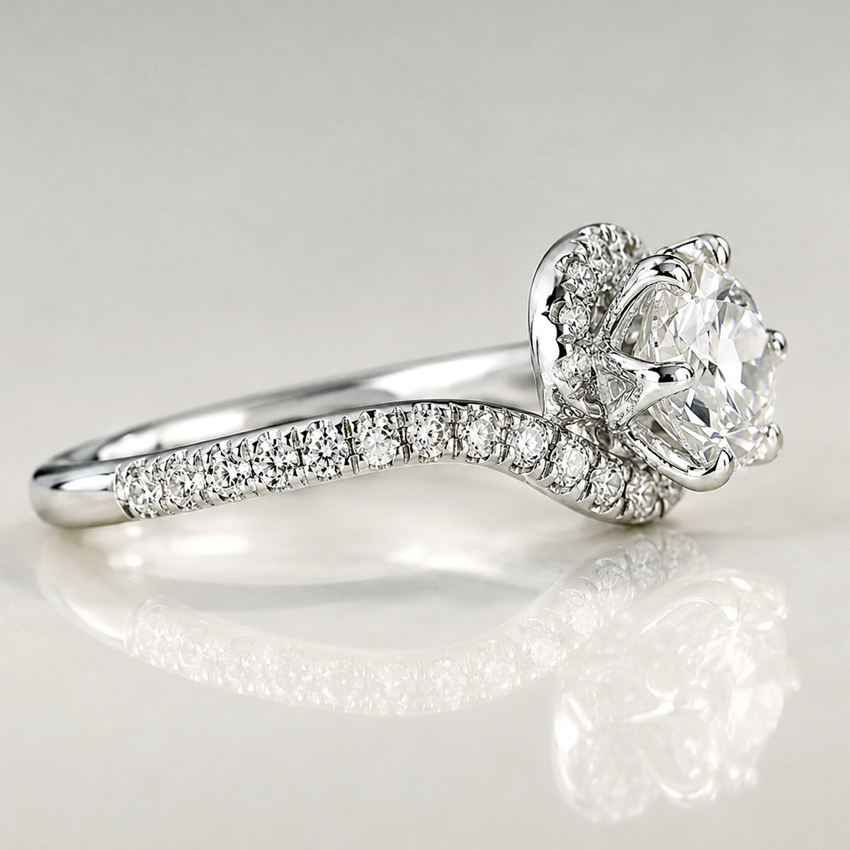 Halo Modern Design Round Cut Lab Grown Diamond Bypass Shank Engagement Ring With Round Cut Accent Stones #MCERL0172