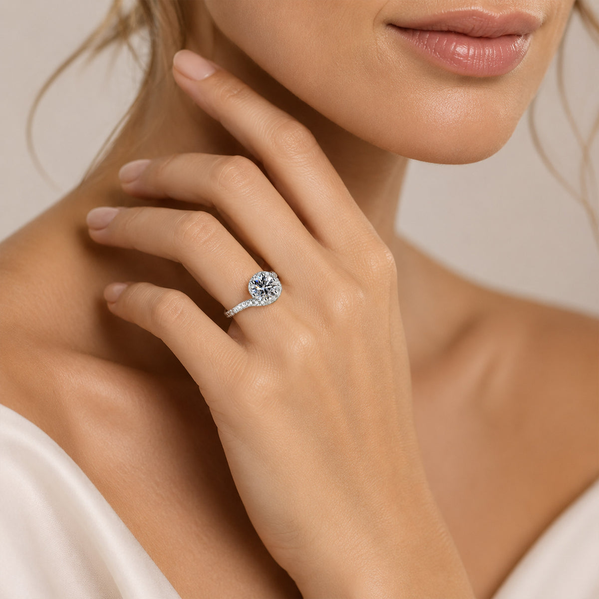 Halo Modern Design Round Cut Lab Grown Diamond Bypass Shank Engagement Ring With Round Cut Accent Stones #MCERL0172
