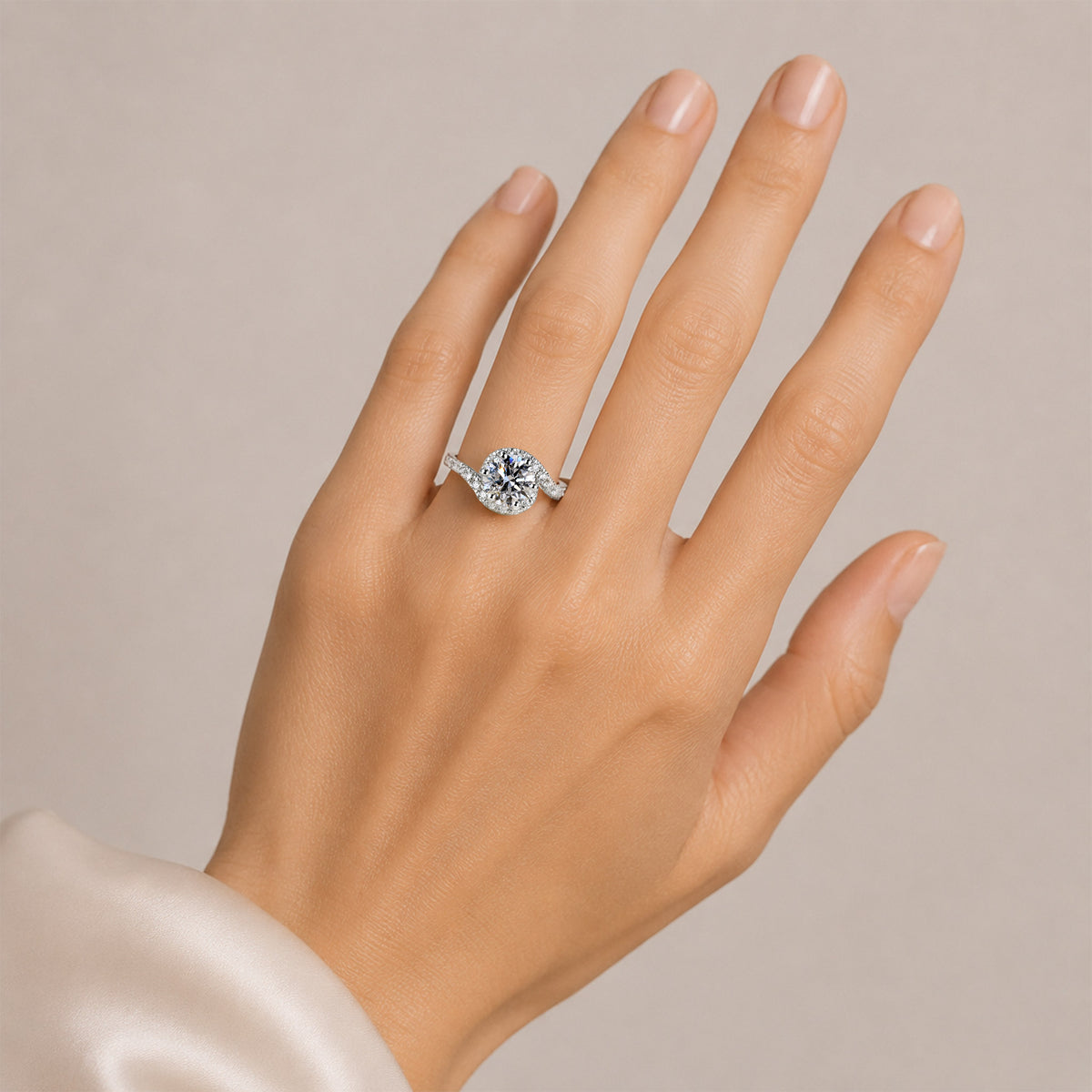 Halo Modern Design Round Cut Lab Grown Diamond Bypass Shank Engagement Ring With Round Cut Accent Stones #MCERL0172