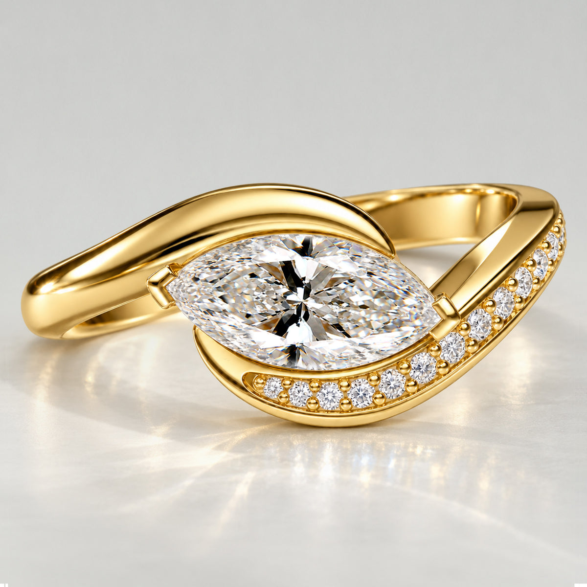 Solitaire Modern Design Marquise Cut Lab Grown Diamond Bypass Shank Engagement Ring With Round Cut Accent Stones #MCERL0173