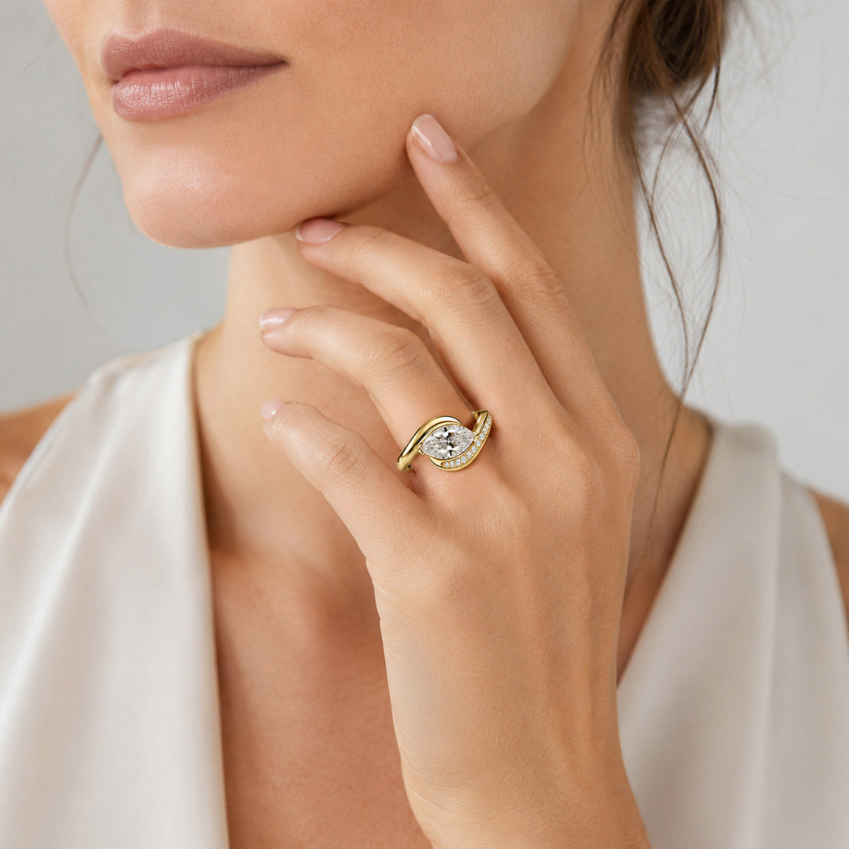 Solitaire Modern Design Marquise Cut Lab Grown Diamond Bypass Shank Engagement Ring With Round Cut Accent Stones #MCERL0173