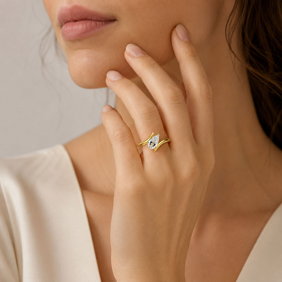Modern Minimalist Solitaire Pear Cut Lab Grown Diamond Bypass Shank Engagement Ring #MCERL0174