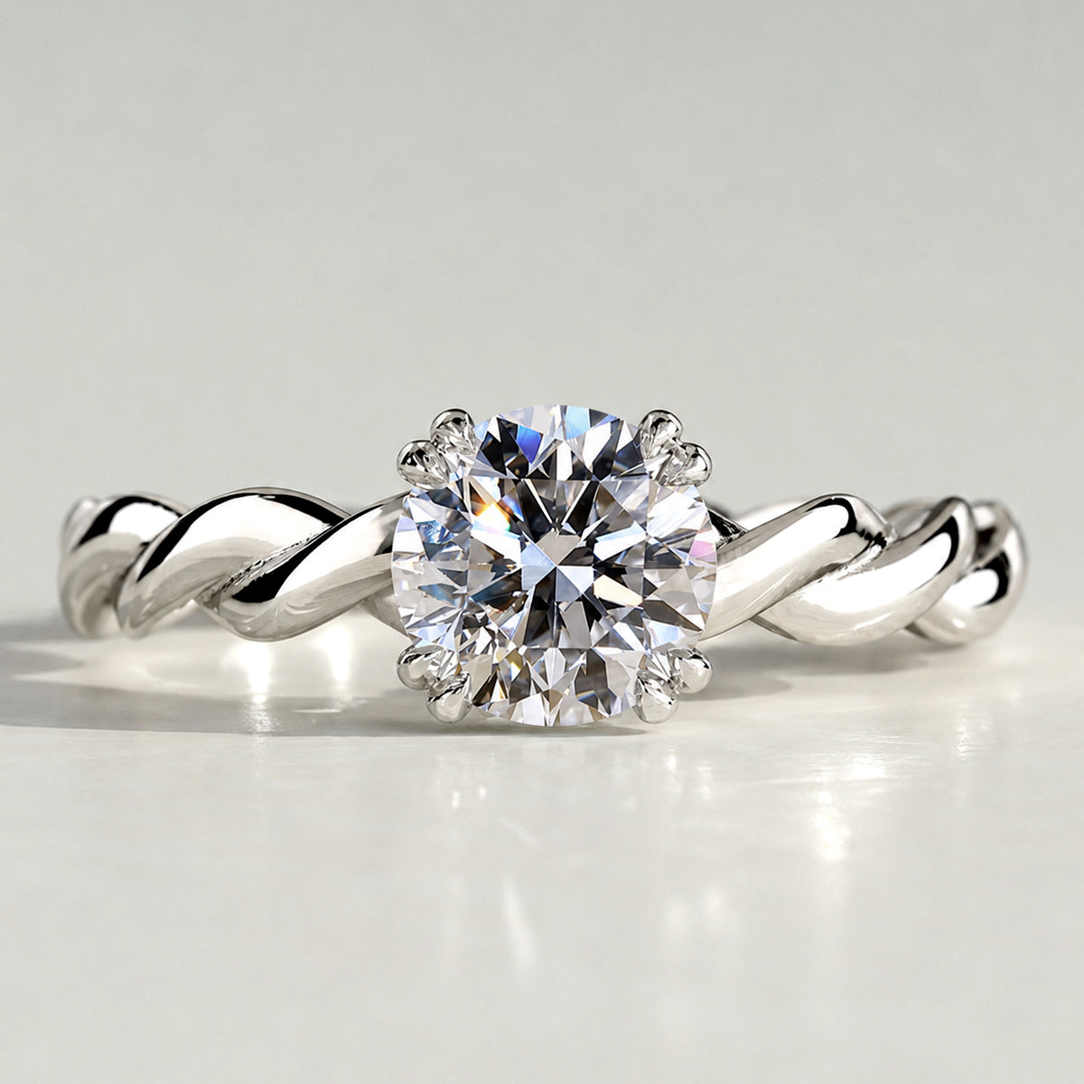 Modern Hidden Halo Design Round Cut Lab Grown Diamond Center Stone Twisted Shank Engagement Ring #MCERL0195