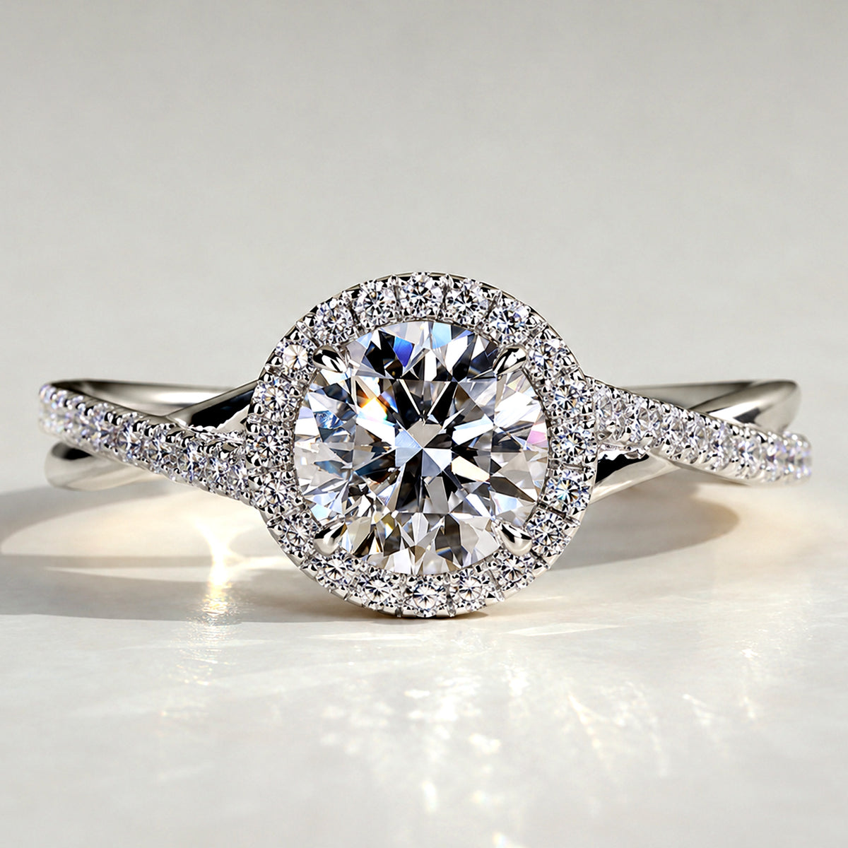 Modern Halo Design Round Cut Lab Grown Diamond Center Stone Twisted Pave Shank Engagement Ring With Round Cut Accent Stones #MCERL0197