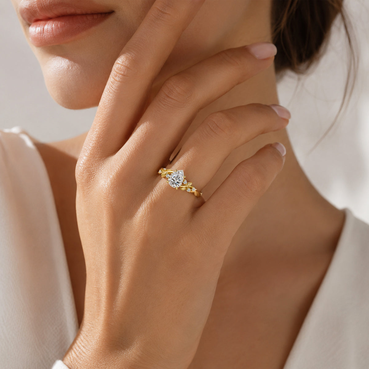 Nature Inspired Design Pear Cut Lab Grown Diamond Center Stone Engagement Ring With Round Cut Accent Stones #MCERL0220
