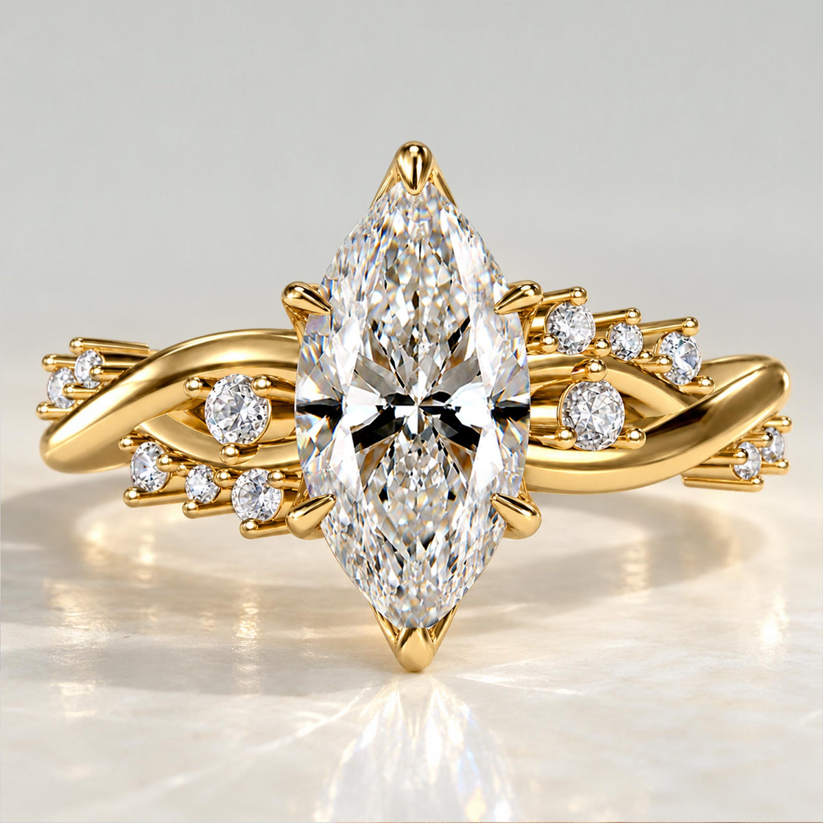 Nature Inspired Design Marquise Cut Lab Grown Diamond Tulip Basket Twisted Shank Engagement Rings With Round Cut Accent Stones #MCERL0221