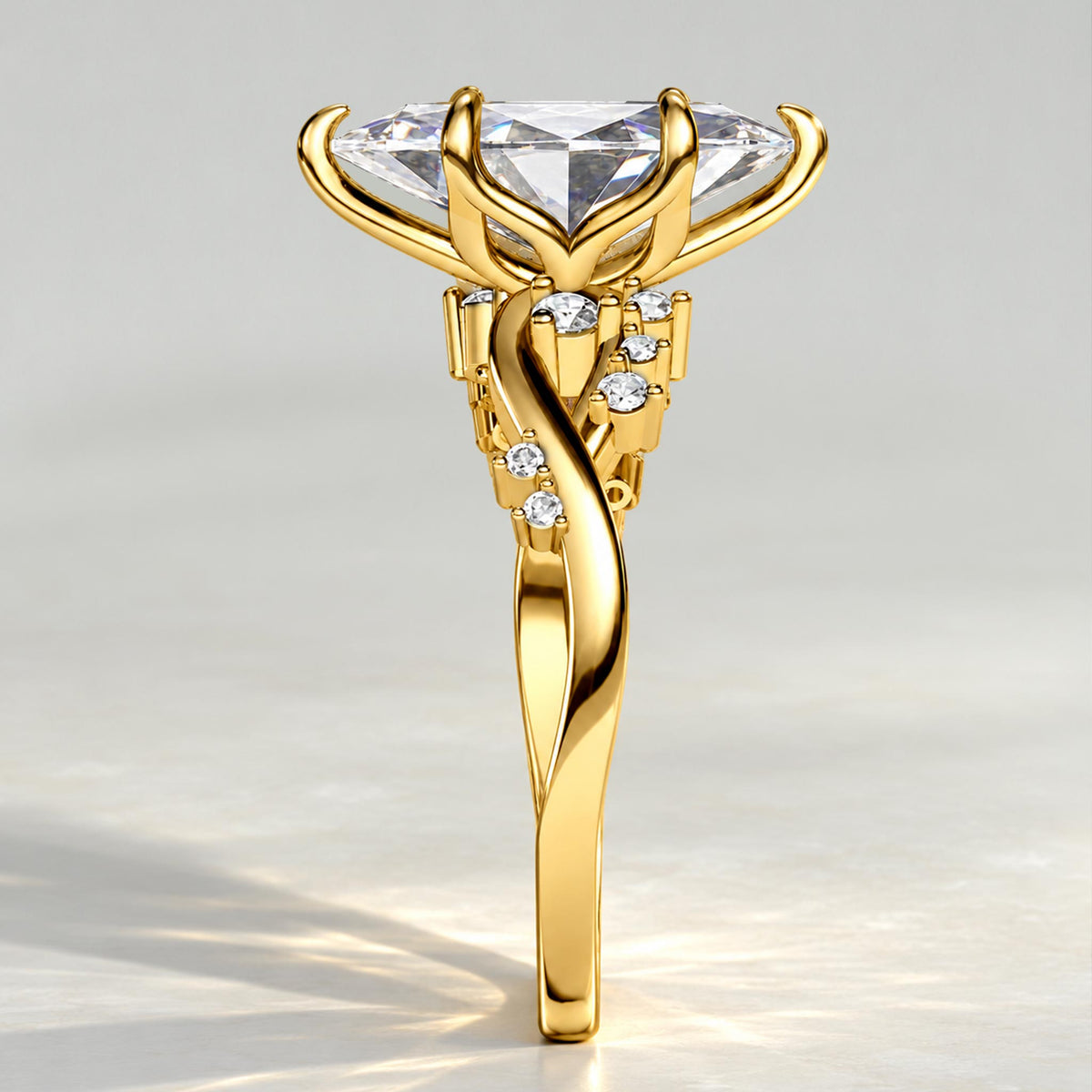 Nature Inspired Design Marquise Cut Lab Grown Diamond Tulip Basket Twisted Shank Engagement Rings With Round Cut Accent Stones #MCERL0221