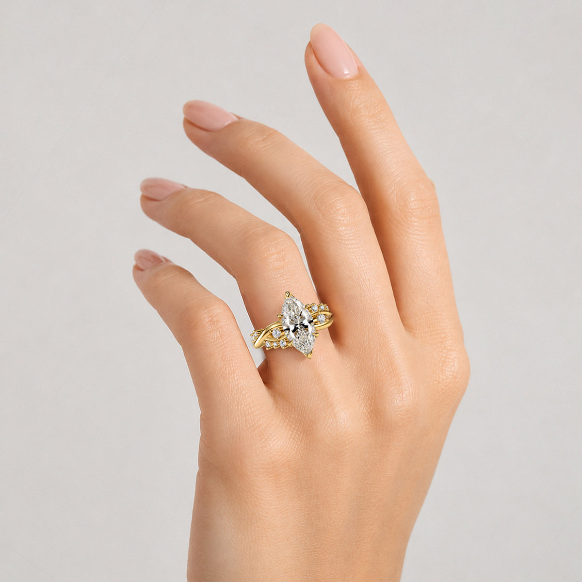 Nature Inspired Design Marquise Cut Lab Grown Diamond Tulip Basket Twisted Shank Engagement Rings With Round Cut Accent Stones #MCERL0221